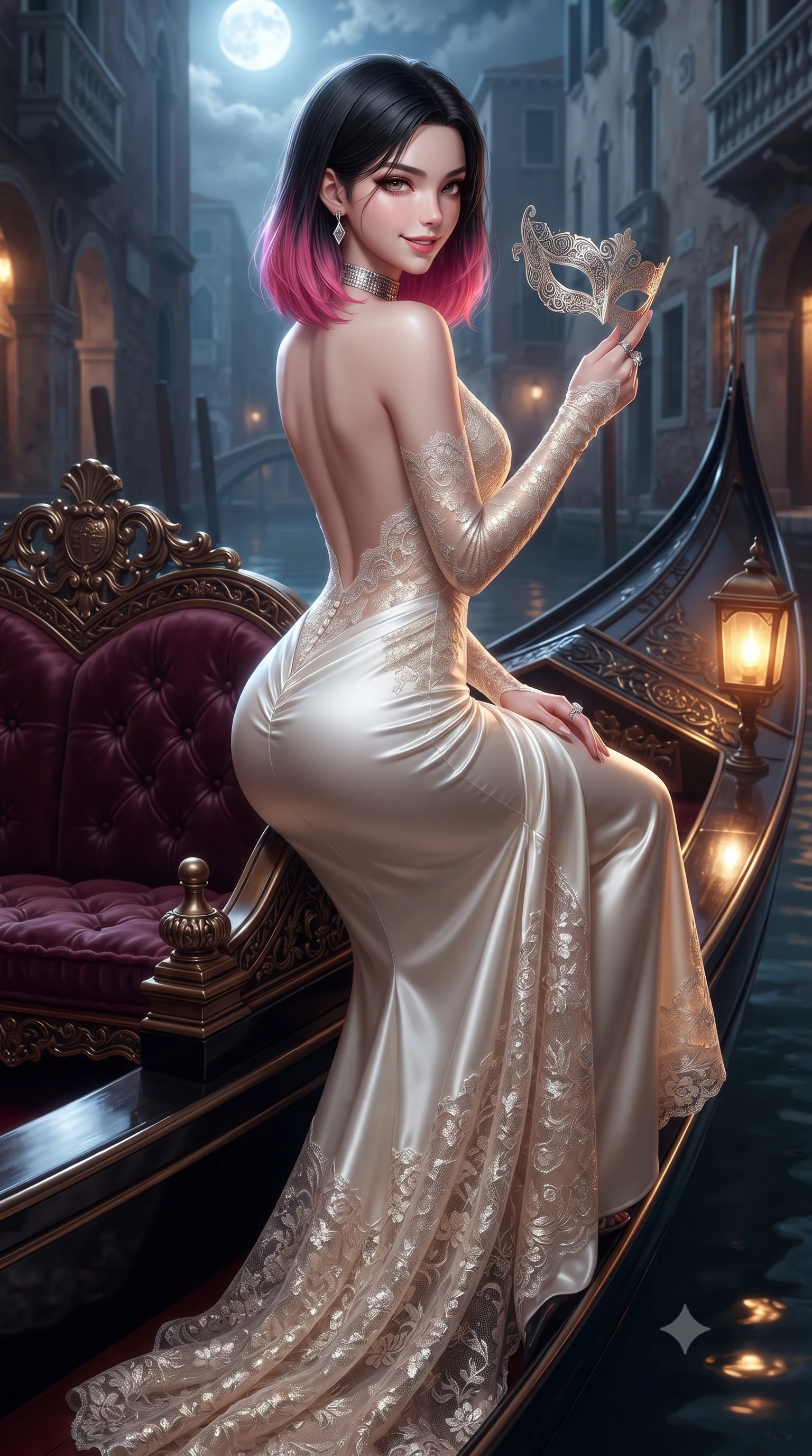 score_9, masterpiece, best quality, ultra-detailed, high-budget anime keyframe, editorial fashion photography, tasteful artistic composition, Korean woman. close-up cowboy shot from the waist and thighs up, the character dominates the composition, filling the frame with her large presence. twisting her slender torso in a deep contrapposto stance, hips dramatically shifted to accentuate her feminine curves while looking past her shoulder with smoldering bedroom-eyes while perching sideways on the polished wood gondola gunwale, looking back over a bare shoulder with an alluring, teasing smile as she holds an ornate filigree mask. The surrounding environment is rendered in vivid detail and crisp panoramic clarity. sharp carved baroque gondola prow details, velvet cushion tufting, and damp marble masonry in deep focus. She has an exceptionally elegant, slender, and willowy female figure with an ultra-slim waist, flat toned midriff, narrow ribcage, and sculpted feminine hips creating an alluring, slim hourglass silhouette without bulk. sharp v-shaped jawline, high-bridge nose, intricate jewel-like eyes with depth, thick eyelashes, glossy parted lips with a natural sheen, intensely captivating and seductive bedroom-eyes expression, flawlessly proportioned anatomical accuracy, strict slender model proportions, natural body alignment, perfectly sculpted long slender limbs, ultra-slim waistline, clean dynamic posture without body distortion. wearing an open-back duchess satin gala gown with a dramatic hip-hugging drape and cascading trailing hem in pure alabaster white and sun-kissed gold, formed from shimmering floral lace over smooth opaque silk lining, complemented by a bold geometric choker and sparkling cocktail ring, the glove-like aerodynamic silhouette tightly following the natural contour of her hips and long slender legs with statuesque 8.5-heads elegance. bathed in cool silver full-moon light streaming from above and warm amber gondola lantern uplights. ultra-reflective glossy finish, specular highlights, rich textural contrasts, high-contrast stereoscopic depth, volumetric dynamic lighting, 2k, ultra detail, master piece, 9:16 ratio