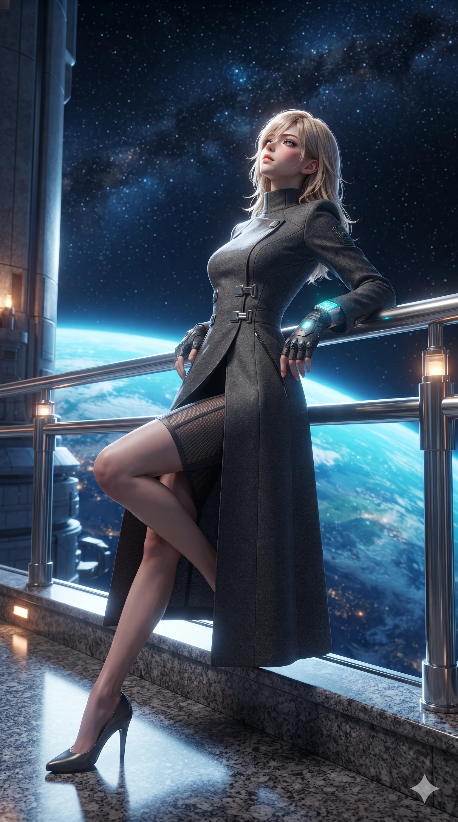 score_9, masterpiece, best quality, ultra-detailed, high-budget anime keyframe, editorial fashion photography, tasteful artistic composition, Japanese woman. low angle full-body shot from head to toe showing her feet, filling the entire 9:16 vertical frame with her statuesque presence, stretching her vertical silhouette. sitting poised on the polished granite dais with one knee bent, arching her spine with supermodel elegance as she glances upward through thick eyelashes while leaning against the polished platinum balcony balustrade with hips cocked back, gazing into the vast stellar expanse with heavy-lidded seductive bedroom-eyes. The surrounding environment is rendered in vivid detail and crisp panoramic clarity: detailed cybernetic combat bodysuit, sheer nanotech mesh panels, and monumental orbital architecture in razor-sharp clarity. She has an absolutely perfect, statuesque 8.5-heads proportion, an exceptionally tall and slender model-like female figure with impossibly long slender legs, an ultra-slim waist, a flat toned midriff, narrow delicate ribcage, and beautifully sculpted feminine hips creating a graceful, slim hourglass silhouette without any bulky heaviness. sharp v-shaped jawline, high-bridge nose, intricate jewel-like sparkling eyes with depth, thick eyelashes, glossy parted lips with a natural sheen, bright confident smile with an enchanting and coquettish sensual glint, exuding both youthful magnetic charm and sovereign high-tech allure, flawlessly proportioned anatomical accuracy, strict slender model proportions, natural body alignment, perfectly sculpted long slender limbs, ultra-slim waistline, clean dynamic posture without body distortion. wearing a prestigious diplomatic high-neck sci-fi senate coat dress in structured nano-wool with polished titanium clasp hardware in charcoal grey and polished chrome, made of flexible bullet-resistant ballistic microfiber with high-tensile strength, complemented by fingerless armored tactical gloves and a glowing holographic wrist terminal, the bespoke structured tailoring following the natural line of her 8.5-heads silhouette with refined elegance. bathed in the glorious, unpolluted sapphire and turquoise radiance of the illuminated planet below mixed with subtle warm balcony accent lights. ultra-reflective glossy finish, specular highlights, rich textural contrasts, high-contrast stereoscopic depth, volumetric dynamic lighting, 2k, ultra detail, master piece, 9:16 ratio