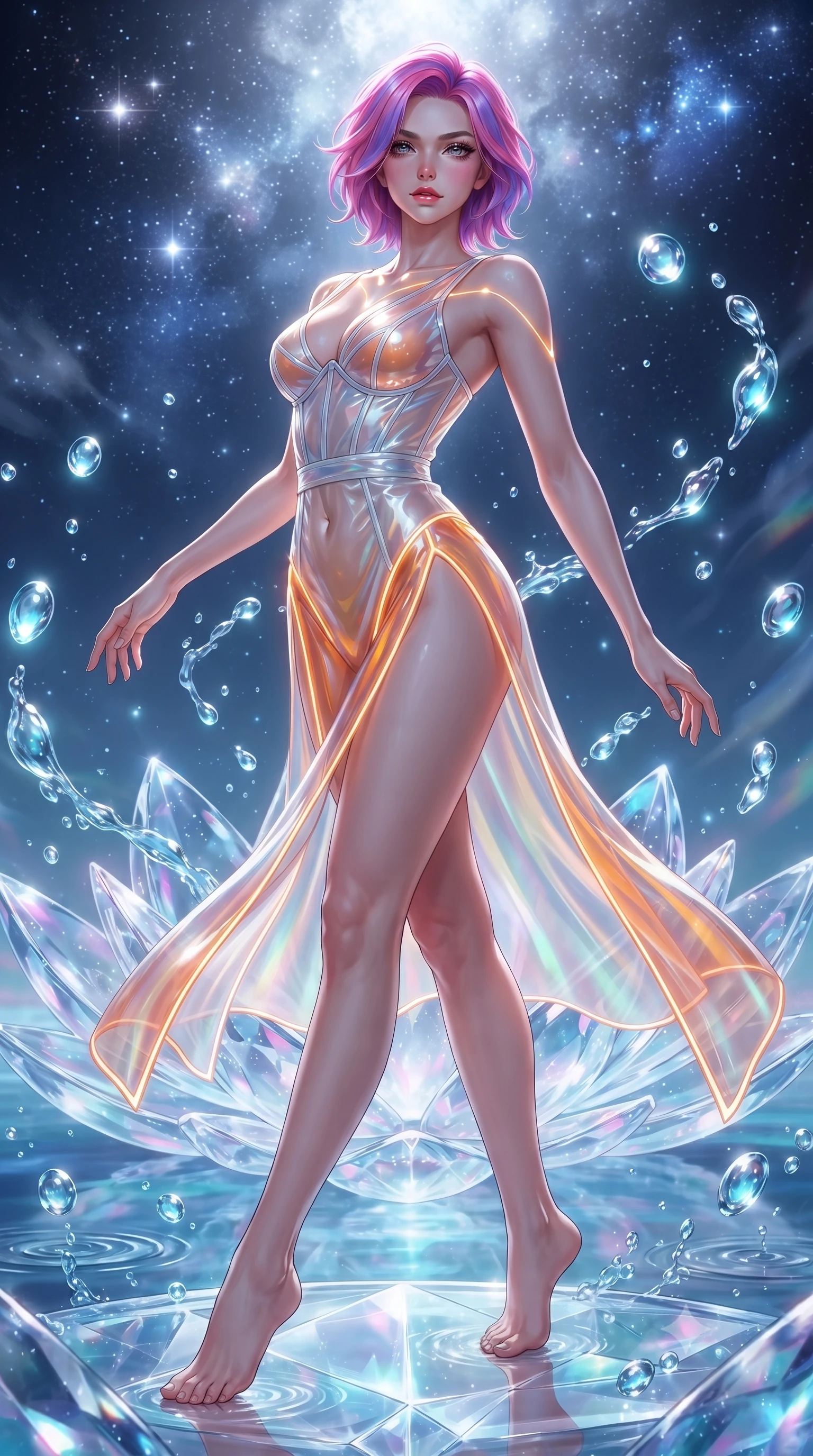 score_9, masterpiece, best quality, ultra-detailed, high-budget anime keyframe, editorial fashion photography, tasteful artistic composition, Caucasian woman. low angle full-body shot from head to toe showing her feet, filling the entire 9:16 vertical frame with her statuesque presence, stretching her vertical silhouette. pivoting dynamically in mid-motion with a breathtakingly alluring posture, displaying her flawless model proportions and ultra-slim waist while arching her back in a fluid motion as luminous celestial water droplets splash in slow motion around her. The surrounding environment is rendered in vivid detail and crisp panoramic clarity. intricate crystal lotus petal facets, sharp water droplet ripples, and celestial star clusters in deep focus. She has an absolutely perfect, statuesque 8.5-heads proportion, an exceptionally tall and slender model-like female figure with impossibly long slender legs, a toned flat midriff, and an ultra-slim waist. sharp v-shaped jawline, high-bridge nose, intricate jewel-like eyes with depth, thick eyelashes, glossy lips with a natural sheen, flawlessly proportioned anatomical accuracy, strict slender model proportions, natural body alignment, perfectly sculpted long slender limbs, ultra-slim waistline, clean dynamic posture without body distortion. wearing a translucent iridescent organza wrap dress with structured bustier boning, plunging neckline, and high-cut dual leg slits in vivid sunset amber orange and cloud white, formed from high-gloss patent material with specular light reflections, accented with glowing fiber-optic seams tracing her collarbones and hip curves, the form-contouring material adhering flawlessly to her sculpted flat midriff and slender torso, emphasizing her long leg lines and perfectly proportioned willowy build. bathed in brilliant silver moonlight backlighting and glowing cyan water refractions. ultra-reflective glossy finish, specular highlights, metallic sheen, high-contrast stereoscopic depth, volumetric dynamic lighting, 2k, ultra detail, master piece, 9:16 ratio