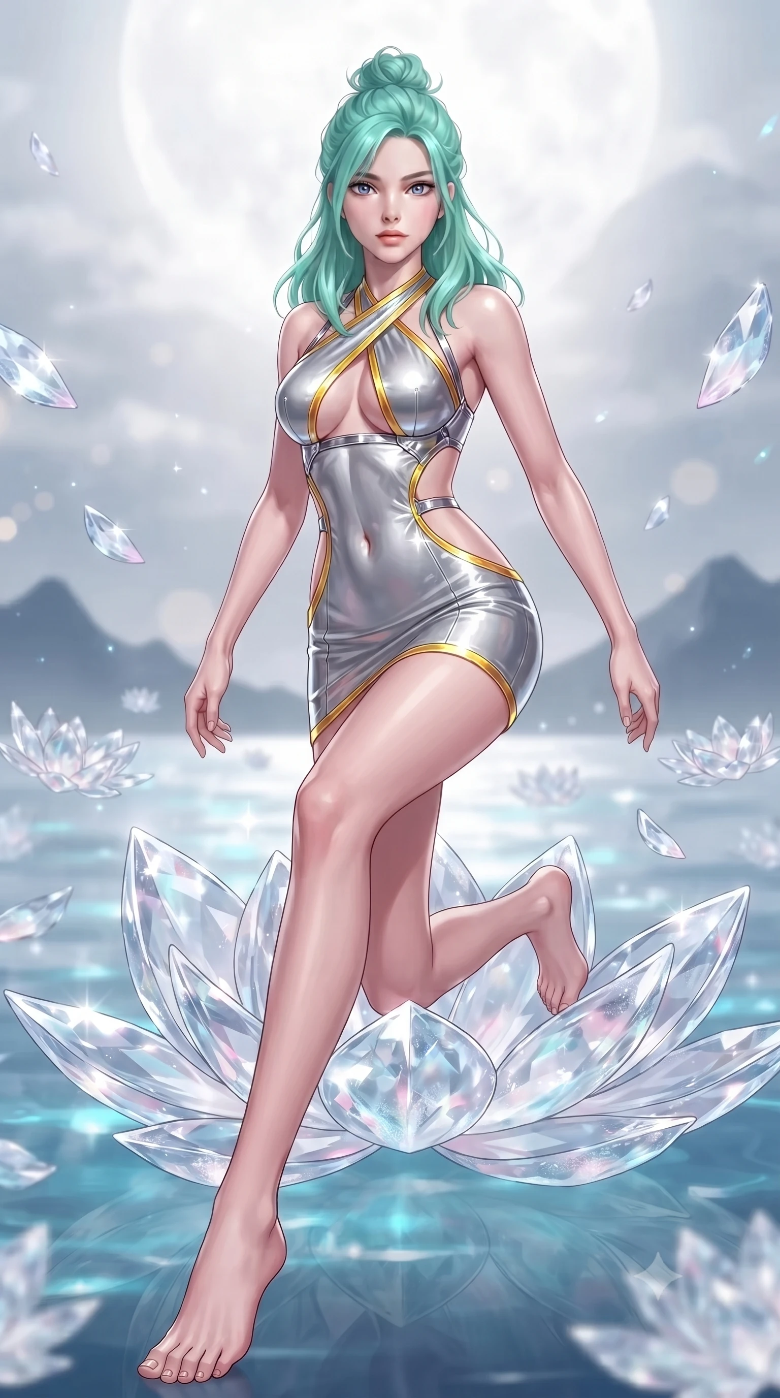 score_9, masterpiece, best quality, ultra-detailed, high-budget anime keyframe, editorial fashion photography, tasteful artistic composition, Japanese woman. low angle full-body shot from head to toe showing her feet, filling the entire 9:16 vertical frame with her statuesque presence, stretching her vertical silhouette. striding forward in a proud, statuesque motion with a dangerous smolder, her vertical silhouette dominating the frame from head to toe while kneeling gracefully on a floating crystalline petal as silver moonlight ripples across her bare shoulders and clavicle. The composition keeps background elements in soft focus with creamy bokeh. floating crystal lotus petals and distant mountain silhouettes softened in smooth atmospheric depth. She has an absolutely perfect, statuesque 8.5-heads proportion, an exceptionally tall and slender model-like female figure with impossibly long slender legs, a toned flat midriff, and an ultra-slim waist. sharp v-shaped jawline, high-bridge nose, intricate jewel-like eyes with depth, thick eyelashes, glossy lips with a natural sheen, flawlessly proportioned anatomical accuracy, strict slender model proportions, natural body alignment, perfectly sculpted long slender limbs, ultra-slim waistline, clean dynamic posture without body distortion. wearing a molten silver liquid-metal mini dress featuring deep side-waist cutouts and a daring crossover halter neckline in vibrant sunburst canary yellow and gold trim, formed from high-gloss patent material with specular light reflections, reinforced by a sleek metallic chrome harness and delicate glowing micro-straps, the form-contouring material adhering flawlessly to her sculpted flat midriff and slender torso, emphasizing her long leg lines and perfectly proportioned willowy build. bathed in brilliant silver moonlight backlighting and glowing cyan water refractions. ultra-reflective glossy finish, specular highlights, metallic sheen, high-contrast stereoscopic depth, volumetric dynamic lighting, 2k, ultra detail, master piece, 9:16 ratio