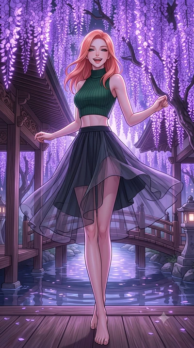 score_9, masterpiece, best quality, ultra-detailed, high-budget anime keyframe, editorial fashion photography, tasteful artistic composition, Japanese woman. low angle full-body shot from head to toe showing her feet, filling the entire 9:16 vertical