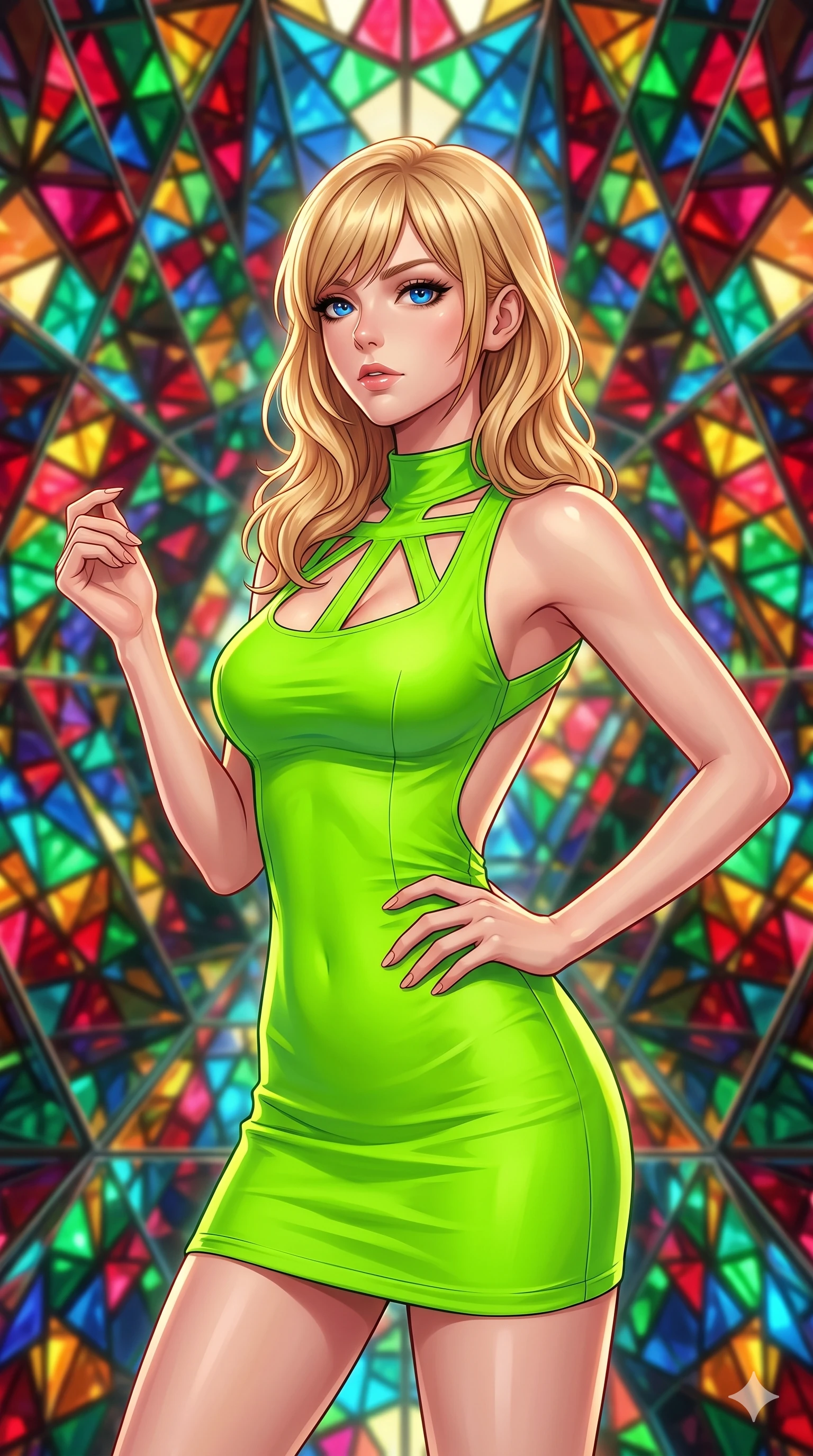 score_9, masterpiece, best quality, ultra-detailed, high-budget anime keyframe, editorial fashion photography, tasteful artistic composition, Caucasian woman, strictly human ears. close-up cowboy shot from the waist and thighs up, the character dominates the composition, filling the frame with her large presence, background elements kept in soft focus. Gazing past the camera with an air of effortless superiority. set against a soft-focus background of walking through the interior of a building-sized kaleidoscope where angled mirrors multiply geometric patterns of colored glass into infinite symmetrical fractals stretching in every direction. She has an exceptionally elegant and slender, willowy female figure with an ultra-slim waist, a gracefully sculpted slender torso, and a refined slim physique. sharp v-shaped jawline, high-bridge nose, intricate jewel-like eyes with depth, thick eyelashes, glossy lips with a natural sheen. wearing a precision-fitted mini dress in electric lime, featuring a forward-facing architectural neck cutout and a wide-open back. intensely saturated light from colored glass elements reflecting and multiplying in the mirrors creating an overwhelming symphony of ruby emerald sapphire and amber light. 2k, ultra detail, master piece, 9:16 ratio