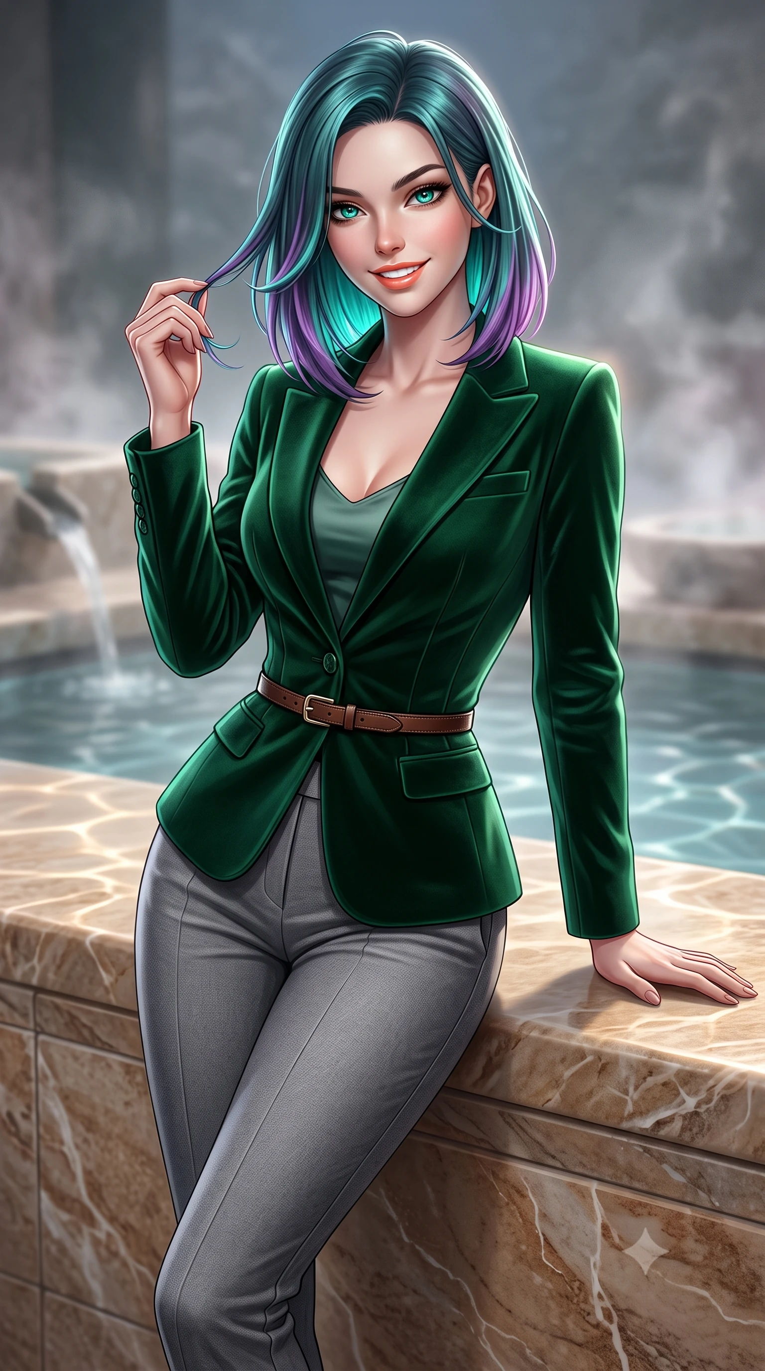score_9, masterpiece, best quality, ultra-detailed, high-budget anime keyframe, semi-realistic 3D game render, editorial fashion photography, tasteful artistic composition, Caucasian woman. close-up cowboy shot from the waist and thighs up, the character dominates the composition, filling the frame with her large presence. twisting her slender torso in an alluring contrapposto stance, one hand toying with her hair while her gaze radiates magnetic charm while leaning against a smooth heated marble bench, resting one hand on the warm stone with effortless wellness-model grace. The background shows a soft-focus minimalist stone water features softened in peaceful Swiss alpine wellness sanctuary shallow focus. She has an exceptionally elegant, slender, and willowy female figure with an ultra-slim waist, flat toned midriff, narrow ribcage, and sculpted feminine hips creating an alluring, slim hourglass silhouette without bulk. sharp v-shaped jawline, high-bridge nose, intricate jewel-like sparkling eyes with depth, thick eyelashes, glossy parted lips with a natural peach sheen, bright cheerful beaming smile with an enchanting and coquettish sensual glint, exuding both youthful cute charm and seductive allure, flawlessly proportioned anatomical accuracy, strict slender model proportions, natural body alignment, perfectly sculpted long slender limbs, ultra-slim waistline, clean dynamic posture without body distortion. wearing a tailored corseted velvet blazer jacket worn closed over a tight-fitting silk camisole and sleek tailored cigarette pants in St. Moritz pine forest emerald and heather grey, tailored from premium double-knit ponte with sleek sculpting hold and smooth contours, finished with a slim equestrian bridle-leather belt cinched tightly at the narrowest point of her waist, the second-skin tailored fabric adhering flawlessly to her sculpted flat midriff and slender torso, emphasizing her long leg lines and perfectly proportioned willowy build. illuminated by thermal pool surface caustics and soft pearlescent rim lights accentuating her sharp jawline and slender hourglass silhouette. highly saturated vibrant anime colors, detailed shading with soft gradients, rich glossy textures, high-contrast stereoscopic depth, volumetric dynamic lighting, master piece, 9:16 ratio