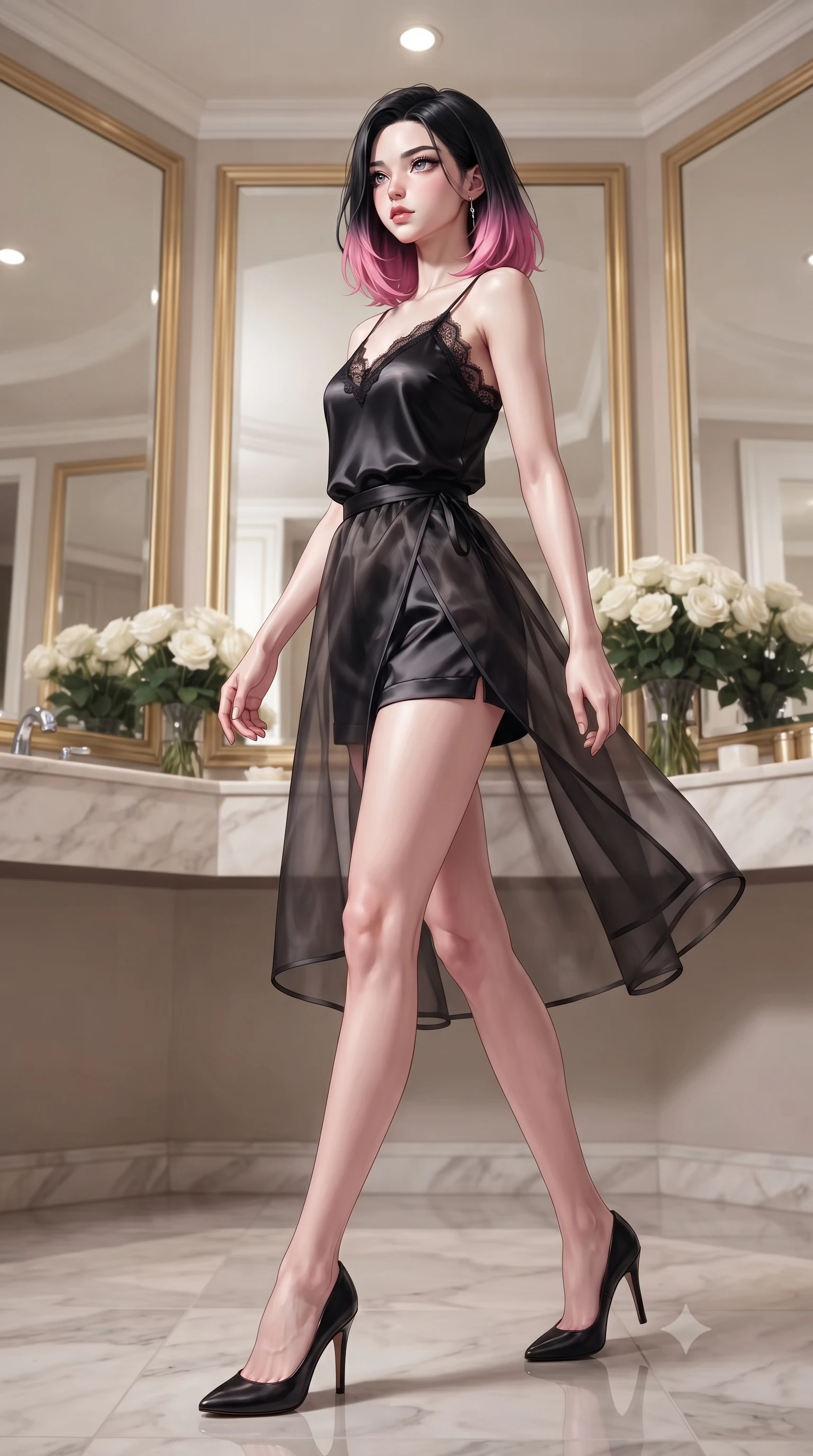 score_9, masterpiece, best quality, ultra-detailed, high-budget anime keyframe, editorial fashion photography, tasteful artistic composition, Korean woman woman. low angle full-body shot from head to toe showing her feet, filling the entire 9:16 vertical frame with her statuesque presence, stretching her vertical silhouette. stepping gracefully while looking back over her shoulder, her dress draped tightly to reveal her silhouette the background shows a soft-focus a corner of a luxury hotel suite with gold-trimmed mirrors and white roses. She has an absolutely perfect, statuesque 8.5-heads proportion, an exceptionally tall and slender model-like female figure with impossibly long slender legs and an ultra-slim waist. sharp v-shaped jawline, high-bridge nose, intricate jewel-like eyes with depth, thick eyelashes, glossy lips with a natural sheen. wearing a slim-fit delicate lace-trim camisole in black silk, paired with a sheer organza wrap skirt and shorts. soft spotlighting highlighting the silk textures of her gown. ultra-reflective glossy finish, specular highlights, metallic sheen, high-contrast stereoscopic depth, volumetric dynamic lighting, 2k, ultra detail, master piece, 9:16 ratio