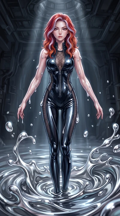 score_9, masterpiece, best quality, ultra-detailed, High-budget Anime Keyframe, East Asian woman. Dynamic full-body shot stretching the vertical silhouette to the limit. Scenario 214: Rising from a pool of mercury-like liquid, droplets rolling off he
