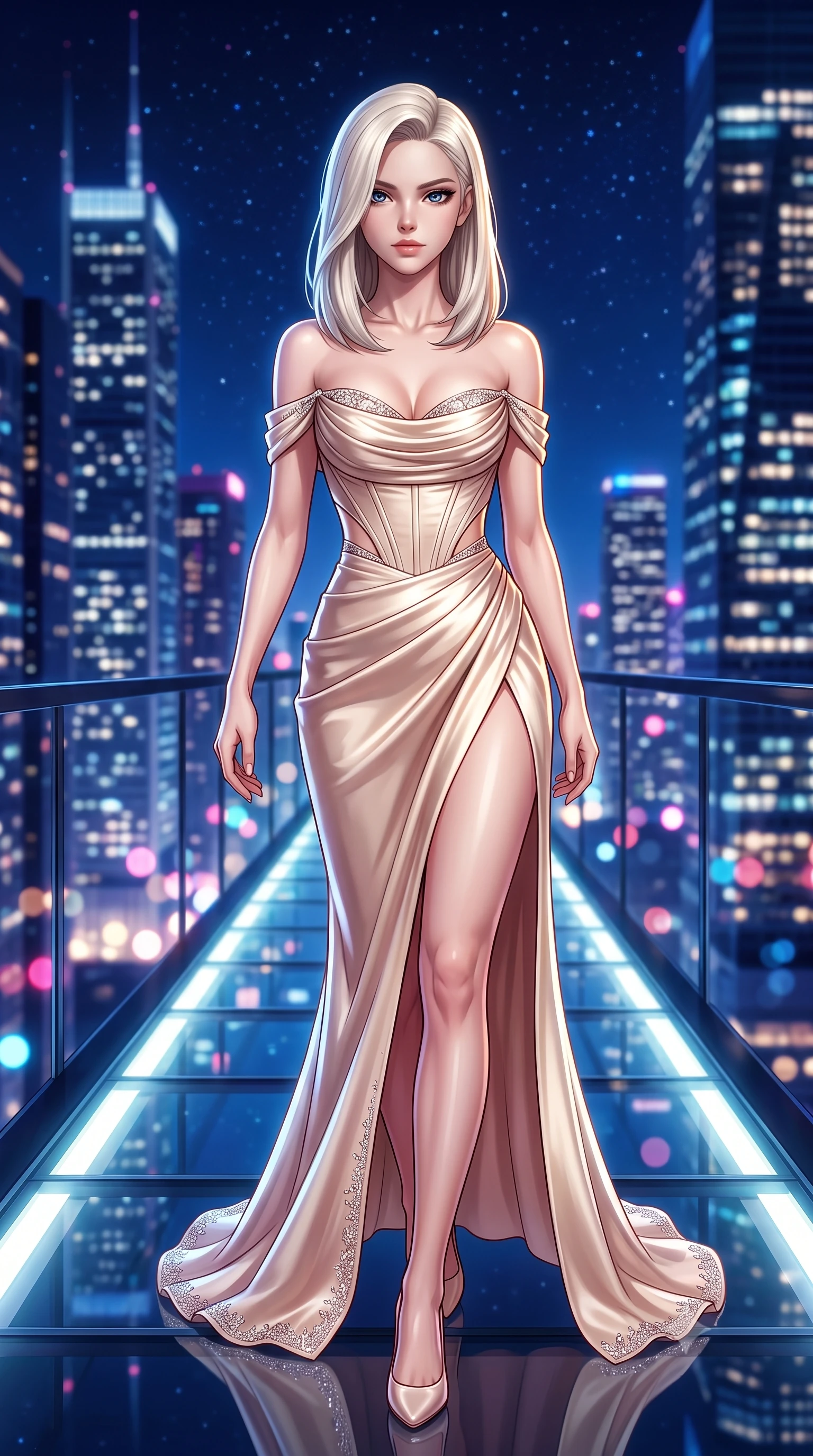 score_9, masterpiece, best quality, ultra-detailed, high-budget anime keyframe, semi-realistic 3D game render, editorial fashion photography, tasteful artistic composition, Caucasian woman. close-up cowboy shot from the waist and thighs up, the character dominates the composition, filling the frame with her large presence. leaning forward with playful, captivating grace, her sculpted collarbones and slender neckline highlighted by directional light while striding along the illuminated glass deck with effortless high-fashion authority and statuesque poise. The composition keeps background elements in soft focus with creamy bokeh. dazzling skyscraper metropolis light clusters and starry night skies blurred into deep sapphire, magenta, and gold bokeh. She has an exceptionally elegant, slender, and willowy female figure with an ultra-slim waist, a gracefully sculpted slender torso, toned flat midriff, and a refined slim silhouette. sharp v-shaped jawline, high-bridge nose, intricate jewel-like eyes with depth, thick eyelashes, glossy lips with a natural sheen, captivating and magnetic expression, flawlessly proportioned anatomical accuracy, strict slender model proportions, natural body alignment, perfectly sculpted long slender limbs, ultra-slim waistline, clean dynamic posture without body distortion. wearing a statuesque off-shoulder champagne satin gala dress featuring a thigh-high side slit and draped corset bodice in champagne ivory and rose gold, tailored from ultra-smooth duchess satin with a pearlescent sheen, finished with delicate crystal embroidery along the neckline and hem, the precision-cut daring openings accentuating her delicate midriff, graceful bare collarbones, and ultra-slim feminine waistline. illuminated by crisp directional edge lights sharply sculpting her slender waist and long slender legs. highly saturated vibrant anime colors, detailed shading with soft gradients, rich glossy textures, high-contrast stereoscopic depth, volumetric dynamic lighting, master piece, 9:16 ratio