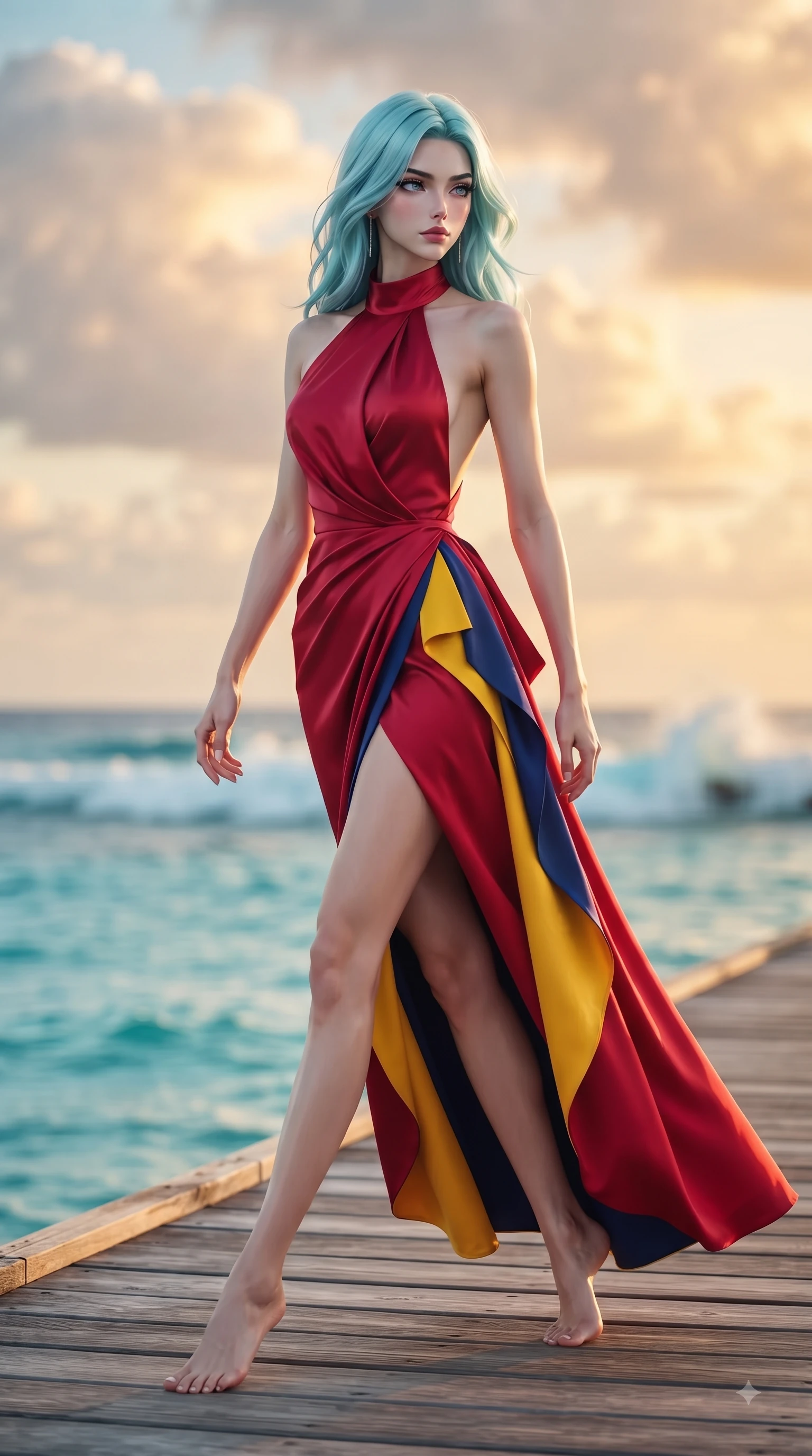 score_9, masterpiece, best quality, ultra-detailed, high-budget anime keyframe, editorial fashion photography, tasteful artistic composition, Japanese woman. low angle full-body shot from head to toe showing her feet, filling the entire 9:16 vertical frame with her statuesque presence, stretching her vertical silhouette. Cool disdainful expression looking past the camera with effortless superiority and a stoic facial line while walking dynamically along a wooden pier over crystal turquoise ocean waters. The composition keeps background elements in soft focus with dreamy bokeh. crashing ocean waves and glowing sunset clouds blurred into smooth turquoise and gold bokeh. She has an absolutely perfect, statuesque 8.5-heads proportion, an exceptionally tall and slender model-like female figure with impossibly long slender legs and an ultra-slim waist. sharp v-shaped jawline, high-bridge nose, intricate jewel-like eyes with depth, thick eyelashes, glossy lips with a natural sheen, flawlessly proportioned anatomical accuracy, natural body alignment, perfectly sculpted elegant limbs, clean dynamic posture without body distortion. wearing a dramatic crimson silk halter-neck gown with a draped open-back silhouette in sunflower yellow and royal navy blue, tailored from structured wool crepe with clean lines, accented with a delicate side waist sash creating fluid lines, the chic fashion cut framing her graceful clavicle and slender torso. illuminated by a dramatic rose-gold sky glow with vivid rim highlights. ultra-reflective glossy finish, specular highlights, metallic sheen, high-contrast stereoscopic depth, volumetric dynamic lighting, 2k, ultra detail, master piece, 9:16 ratio