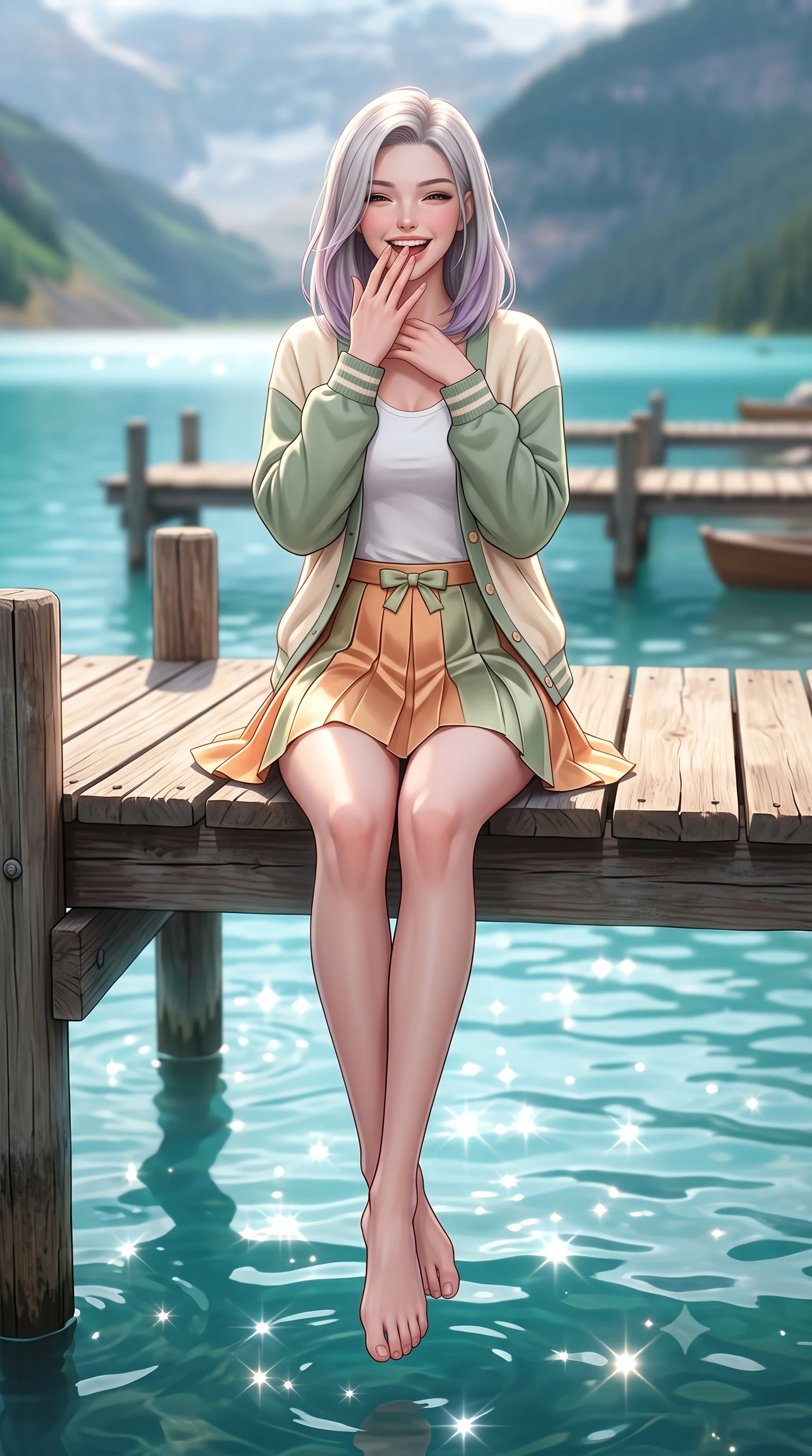 score_9, masterpiece, best quality, ultra-detailed, high-budget anime keyframe, semi-realistic 3D game render, editorial fashion photography, tasteful artistic composition, Caucasian woman. low angle full-body shot from head to toe showing her feet, filling the entire 9:16 vertical frame with her statuesque presence, stretching her vertical silhouette. stepping forward gracefully in mid-motion with a delighted cute laugh, displaying her tall slender model proportions while sitting gracefully on a rustic wooden pier dangling her feet above mirror-like turquoise glacial lake water. The composition keeps background elements in soft focus with creamy bokeh. misty mountain shorelines and vintage wooden docks softened in smooth cinematic shallow focus. She has an absolutely perfect, statuesque 8.5-heads proportion, an exceptionally tall and slender model-like female figure with impossibly long slender legs, a toned flat midriff, and an ultra-slim waist. sharp v-shaped jawline, high-bridge nose, intricate jewel-like eyes with depth, thick eyelashes, glossy lips with a natural sheen, pure and lovely fresh girlhood expression, flawlessly proportioned anatomical accuracy, strict slender model proportions, natural body alignment, perfectly sculpted long slender limbs, ultra-slim waistline, clean dynamic posture without body distortion. wearing a chic pastel varsity cardigan over a simple white scoop-neck tee and a pleated mini skirt in warm apricot and sage green, crafted from smooth fluid silk satin with a natural gentle sheen, accented with a dainty ribbon bow at the waistline, the tailored casual silhouette highlighting her fresh and youthful presence and perfectly proportioned slender frame. bathed in radiant midday sunshine creating sparkling diamond glints across the turquoise lake surface. highly saturated vibrant anime colors, detailed shading with soft gradients, rich glossy textures, high-contrast stereoscopic depth, volumetric dynamic lighting, master piece, 9:16 ratio