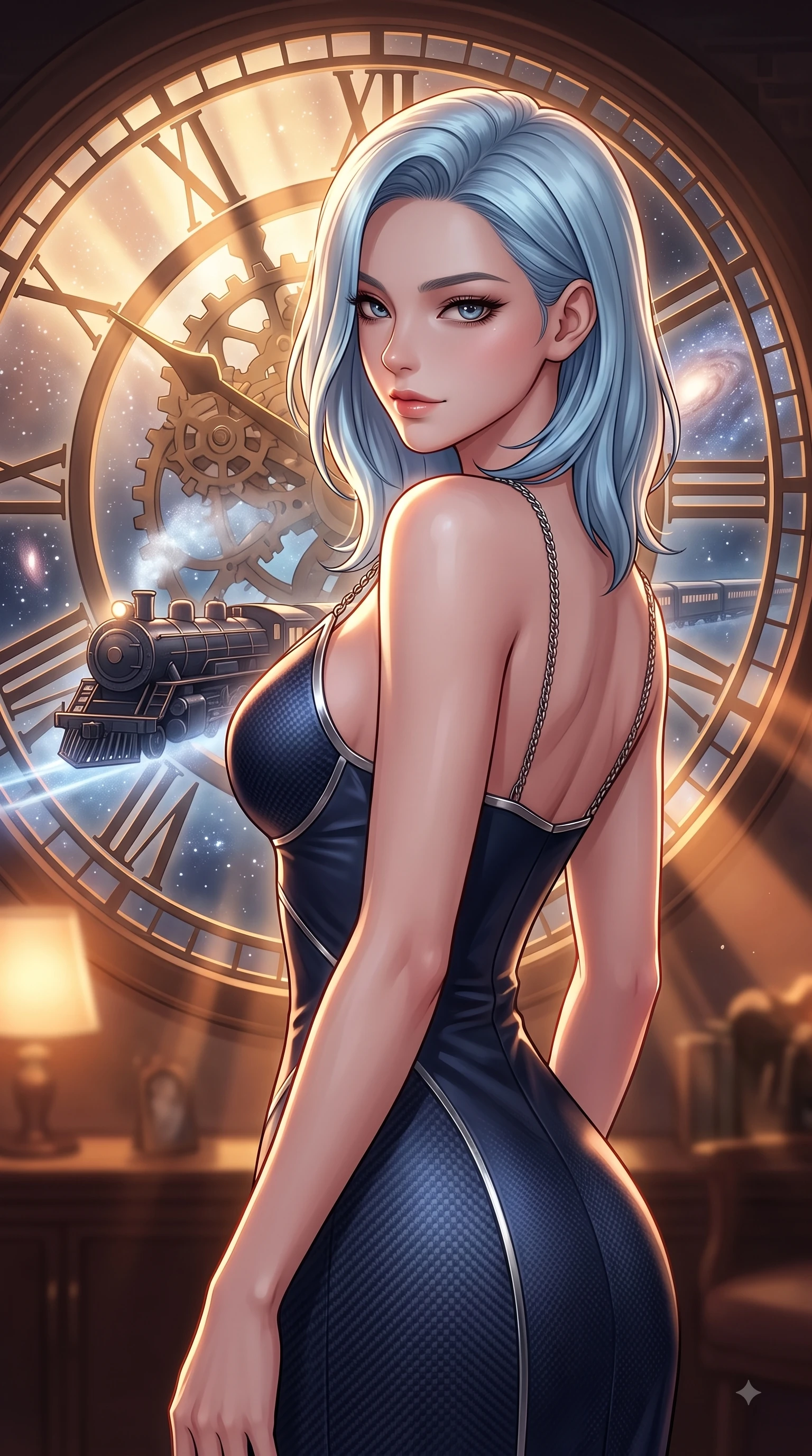 score_9, masterpiece, best quality, ultra-detailed, high-budget anime keyframe, editorial fashion photography, tasteful artistic composition, Korean woman. close-up cowboy shot from the waist and thighs up, the character dominates the composition, filling the frame with her large presence, background elements kept in soft focus. Casting a seductive sidelong gaze over her bare shoulder with heavy lashes and a composed half-smile while gazing out a circular clock window at a galaxy express train passing through starlight mist, dramatic twilight amber light streaming through the giant clock window in bold beams. She has an exceptionally elegant, slender, and willowy female figure with an ultra-slim waist, a gracefully sculpted slender torso, and a refined silhouette. sharp v-shaped jawline, high-bridge nose, intricate jewel-like eyes with depth, thick eyelashes, glossy lips with a natural sheen, flawlessly proportioned anatomical accuracy, natural body alignment, perfectly sculpted elegant limbs, clean dynamic posture without body distortion. wearing a modern fusion silk hanbok dress with a structured bodice and flowing skirt in midnight navy blue and chrome trim, made of fine carbon-fiber weave and soft matte leather, adorned with delicate metallic chain straps along the neckline, the form-contouring material highlighting her ultra-slim waist and long lines. surrounded by warm hearth light and dramatic bronze rim highlights. highly saturated vibrant anime colors, detailed shading with soft gradients, rich glossy textures, high-contrast stereoscopic depth, volumetric dynamic lighting, master piece, 9:16 ratio