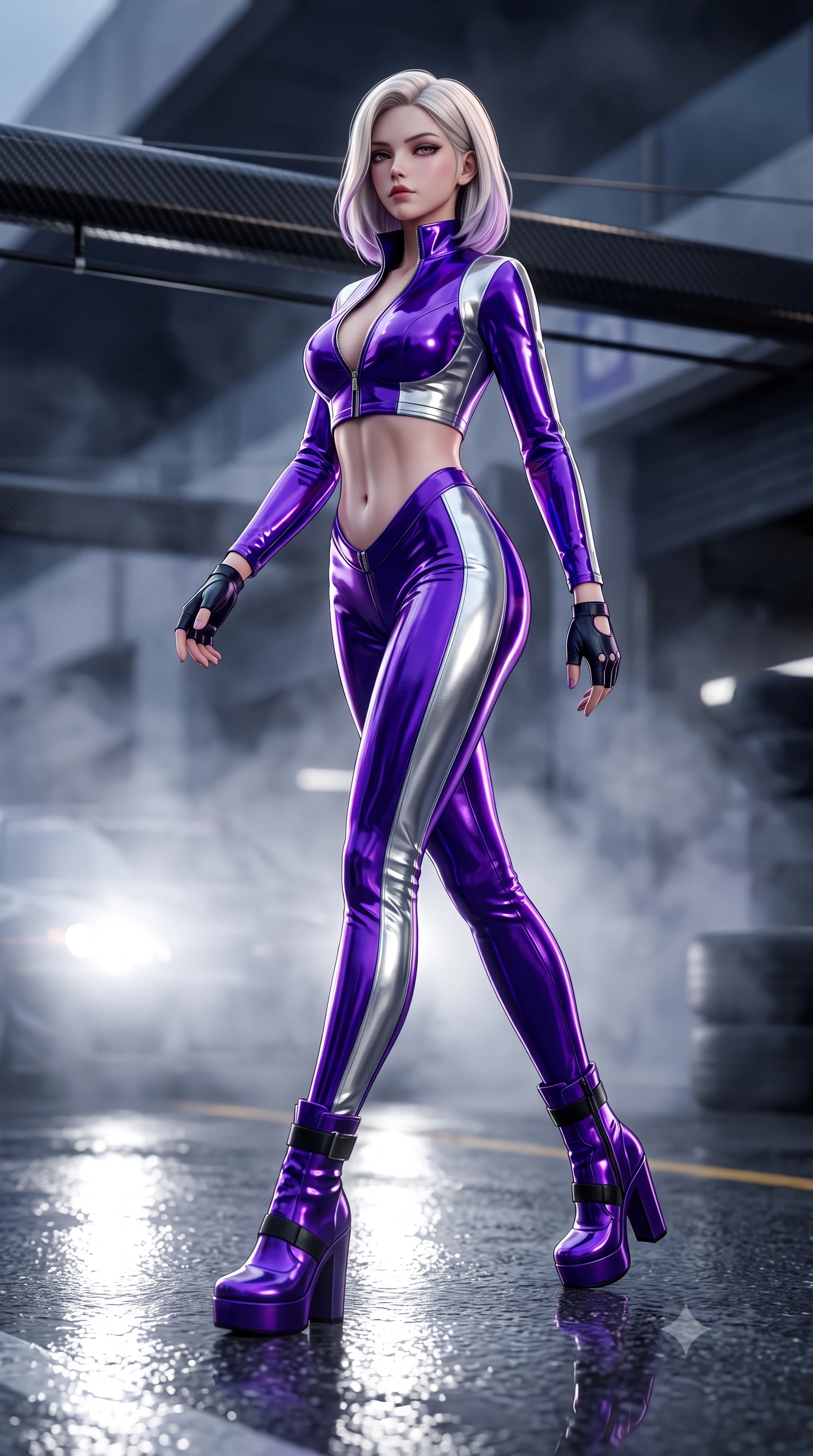 score_9, masterpiece, best quality, ultra-detailed, high-budget anime keyframe, semi-realistic 3D game render, editorial fashion photography, tasteful artistic composition, Caucasian woman. low angle full-body shot from head to toe showing her feet, filling the entire 9:16 vertical frame with her statuesque presence, stretching her vertical silhouette. executing an elegant mid-motion turn as garments swirl around her slender limbs, glancing over her shoulder with smoldering allure while striding dynamically along the wet pitlane pavement as incoming headlights cast long, cinematic specular reflections. The composition keeps background elements in soft focus with creamy bokeh. drifting tire smoke sheets and carbon-fiber garage gantries softened in moody shallow focus. She has an absolutely perfect, statuesque 8.5-heads proportion, an exceptionally tall and slender model-like female figure with impossibly long slender legs, a toned flat midriff, and an ultra-slim waist. sharp v-shaped jawline, high-bridge nose, intricate jewel-like eyes with depth, thick eyelashes, glossy parted lips with a natural sheen, intensely captivating and seductive expression, flawlessly proportioned anatomical accuracy, strict slender model proportions, natural body alignment, perfectly sculpted long slender limbs, ultra-slim waistline, clean dynamic posture without body distortion. wearing a high-gloss patent leather racing catsuit with an open front zipper and high stand collar in toxic ultraviolet purple and chrome silver, crafted from flexible reflective spandex and heavy tactical webbing, accessorized with bold platform racing boots and fingerless leather gloves, the athletic second-skin cut highlighting her toned flat midriff and slender model proportions during dynamic action. surrounded by a fierce, electrifying, and irresistibly intoxicating motorsport queen aura. highly saturated vibrant anime colors, detailed shading with soft gradients, rich glossy textures, high-contrast stereoscopic depth, volumetric dynamic lighting, master piece, 9:16 ratio