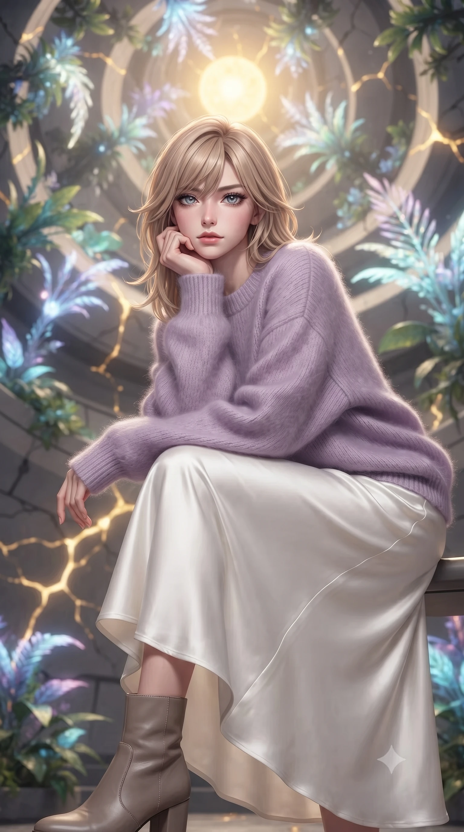 score_9, masterpiece, best quality, ultra-detailed, high-budget anime keyframe, editorial fashion photography, tasteful artistic composition, Japanese woman. close-up cowboy shot from the waist and thighs up, the character dominates the composition, filling the frame with her large presence, background elements kept in soft focus. Resting her chin on the backs of her fingers in a confident pose. set against a soft-focus background of a massive atrium inside a space station where exotic alien plants grow in spiraling zero-gravity formations their bioluminescent fronds reaching toward an artificial sun at the atrium's center. She has an exceptionally elegant and slender, willowy female figure with an ultra-slim waist, a gracefully sculpted slender torso, and a refined slim physique. sharp v-shaped jawline, high-bridge nose, intricate jewel-like eyes with depth, thick eyelashes, glossy lips with a natural sheen. wearing a soft lavender mohair knit sweater paired with a flowing white satin midi skirt and taupe ankle boots. glowing kintsugi gold light radiating from cracks in the environment creating a majestic inner glow. 2k, ultra detail, master piece, 9:16 ratio