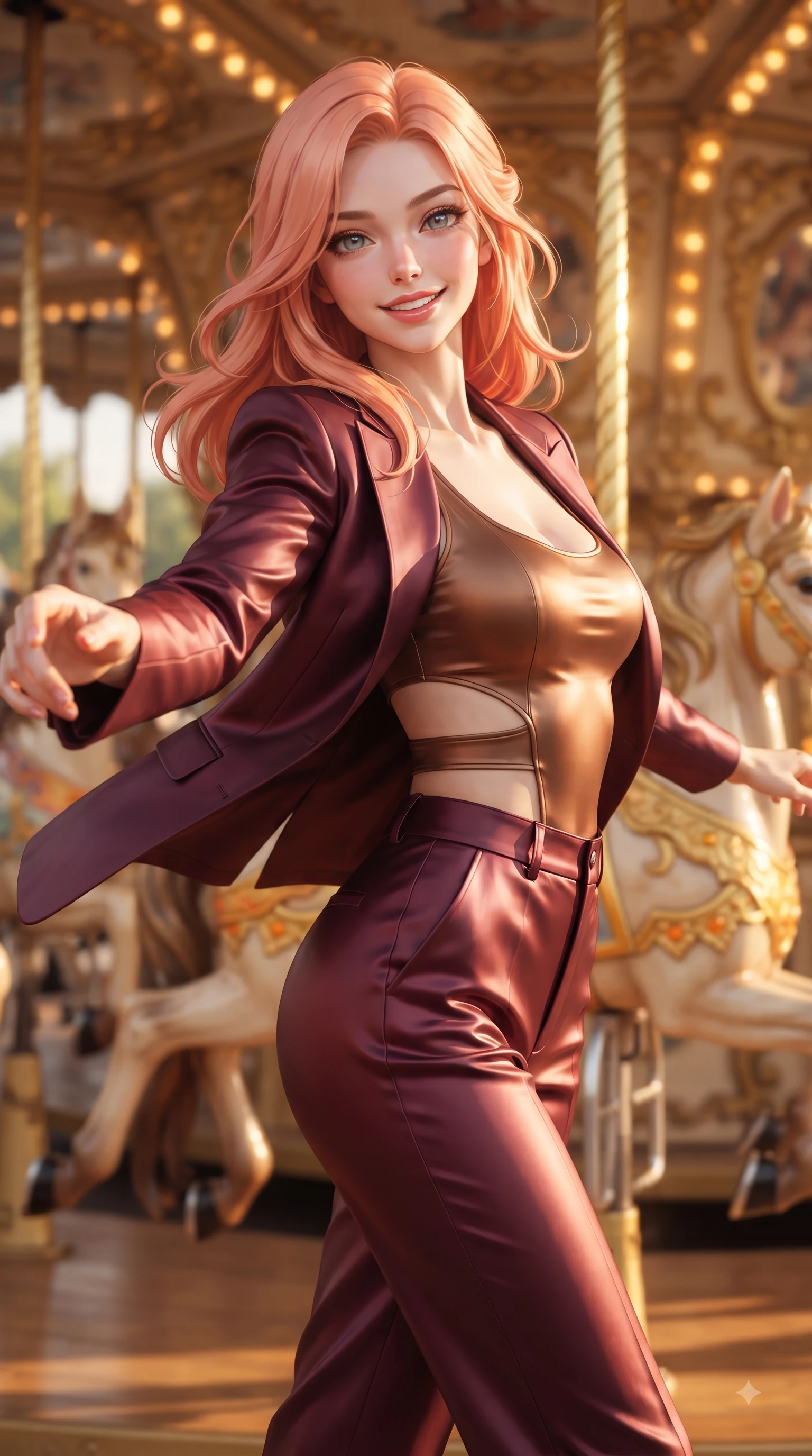 score_9, masterpiece, best quality, ultra-detailed, high-budget anime keyframe, editorial fashion photography, tasteful artistic composition, Japanese woman. close-up cowboy shot from the waist and thighs up, the character dominates the composition, filling the frame with her large presence, background elements kept in soft focus. Gazing directly into the camera with a joyful, infectious smile as her torso curves dynamically in mid-stride while reaching one arm out playfully toward the camera while spinning on a golden carousel deck, ornate carved carousel horses with gold-leaf trim reflecting bright amber highlights. She has an exceptionally elegant, slender, and willowy female figure with an ultra-slim waist, a gracefully sculpted slender torso, and a refined silhouette. sharp v-shaped jawline, high-bridge nose, intricate jewel-like eyes with depth, thick eyelashes, glossy lips with a natural sheen, flawlessly proportioned anatomical accuracy, natural body alignment, perfectly sculpted elegant limbs, clean dynamic posture without body distortion. wearing a tailored silk blazer over a form-contouring scoop-neck top and slacks in deep burgundy and bronze, crafted from smooth liquid silk, featuring clean architectural cutouts along her slender torso, the glove-like fit emphasizing her statuesque silhouette during motion. bathed in glorious golden hour sunbeams and warm amber carousel lamp radiance. ultra-reflective glossy finish, specular highlights, metallic sheen, high-contrast stereoscopic depth, volumetric dynamic lighting, 2k, ultra detail, master piece, 9:16 ratio