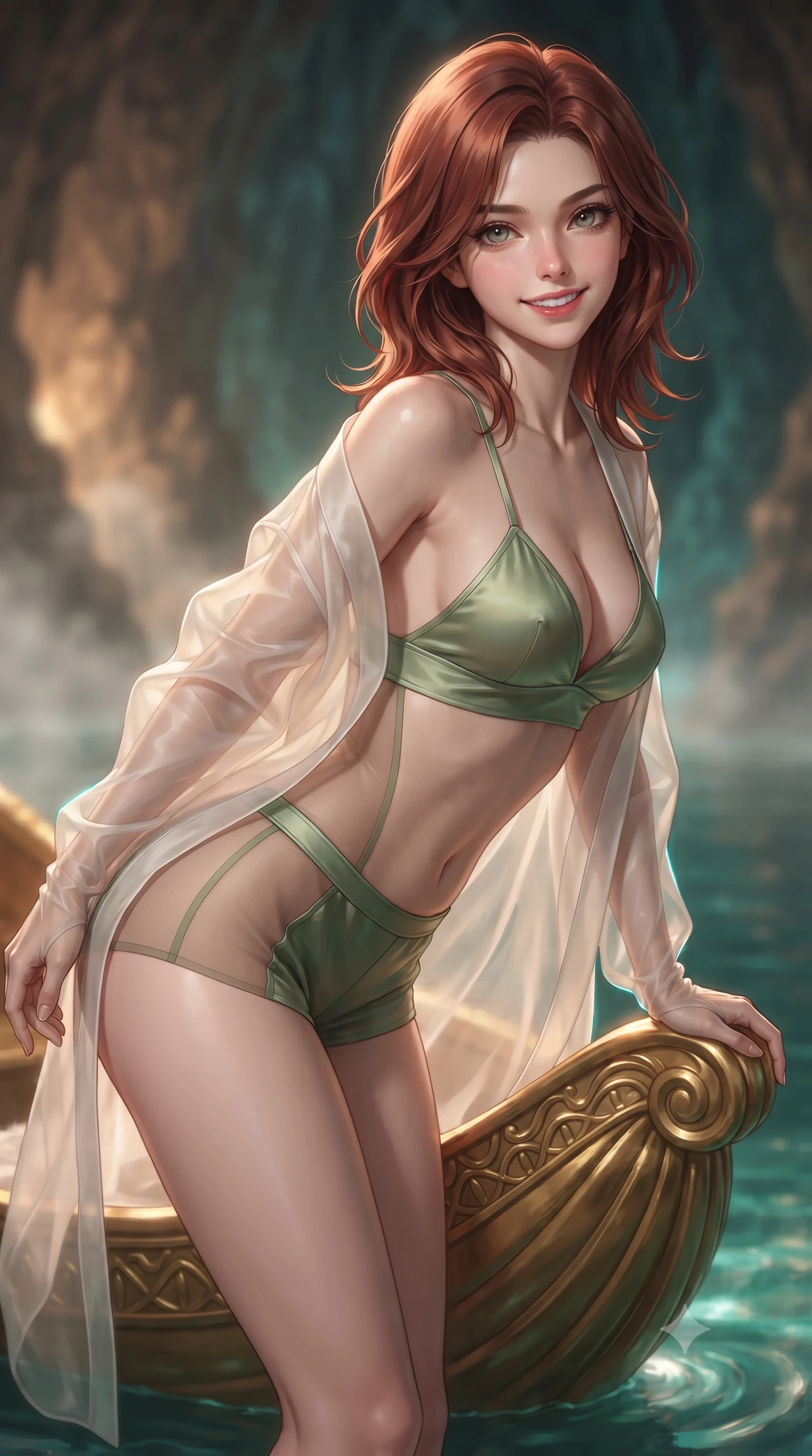score_9, masterpiece, best quality, ultra-detailed, high-budget anime keyframe, editorial fashion photography, tasteful artistic composition, Korean woman. close-up cowboy shot from the waist and thighs up, the character dominates the composition, filling the frame with her large presence. leaning forward while arching her lower back to accentuate her curvy hips, looking into the camera with an intoxicating smoldering gaze and bedroom-eyes while leaning against the ornate gilded golden shell boat with hips cocked back, looking across emerald underground waters with intoxicating bedroom-eyes. The background shows a soft-focus gentle heated cavern water vapor softened in royal operatic grotto shallow focus. She has an exceptionally elegant, slender, and willowy female figure with an ultra-slim waist, flat toned midriff, narrow ribcage, and sculpted feminine hips creating an alluring, slim hourglass silhouette without bulk. sharp v-shaped jawline, high-bridge nose, intricate jewel-like sparkling eyes with depth, thick eyelashes, glossy parted lips with a natural peach sheen, bright cheerful beaming smile with an enchanting and coquettish sensual glint, exuding both youthful cute charm and seductive allure, flawlessly proportioned anatomical accuracy, strict slender model proportions, natural body alignment, perfectly sculpted long slender limbs, ultra-slim waistline, clean dynamic posture without body distortion. wearing a sheer silk organza modern kimono robe worn loose and slipping off bare shoulders over a matching satin bralette and micro-shorts in Japanese hinoki cedar honey and Kyoto matcha jade, featuring strategic sheer-illusion tulle side panels framing her ribcage and hips, complemented by sheer opera-length evening gloves tracing her slender arms, the glove-like clinging cut tightly following the natural contour of her hips and long slender legs with youthful 8.5-heads elegance. illuminated by underground lake reflection bounce and sharp gold-cyan dual rim lights defining her dewy collarbones, ultra-slim waist, and curvy hips. ultra-reflective glossy finish, specular highlights, rich textural contrasts, high-contrast stereoscopic depth, volumetric dynamic lighting, 2k, ultra detail, master piece, 9:16 ratio