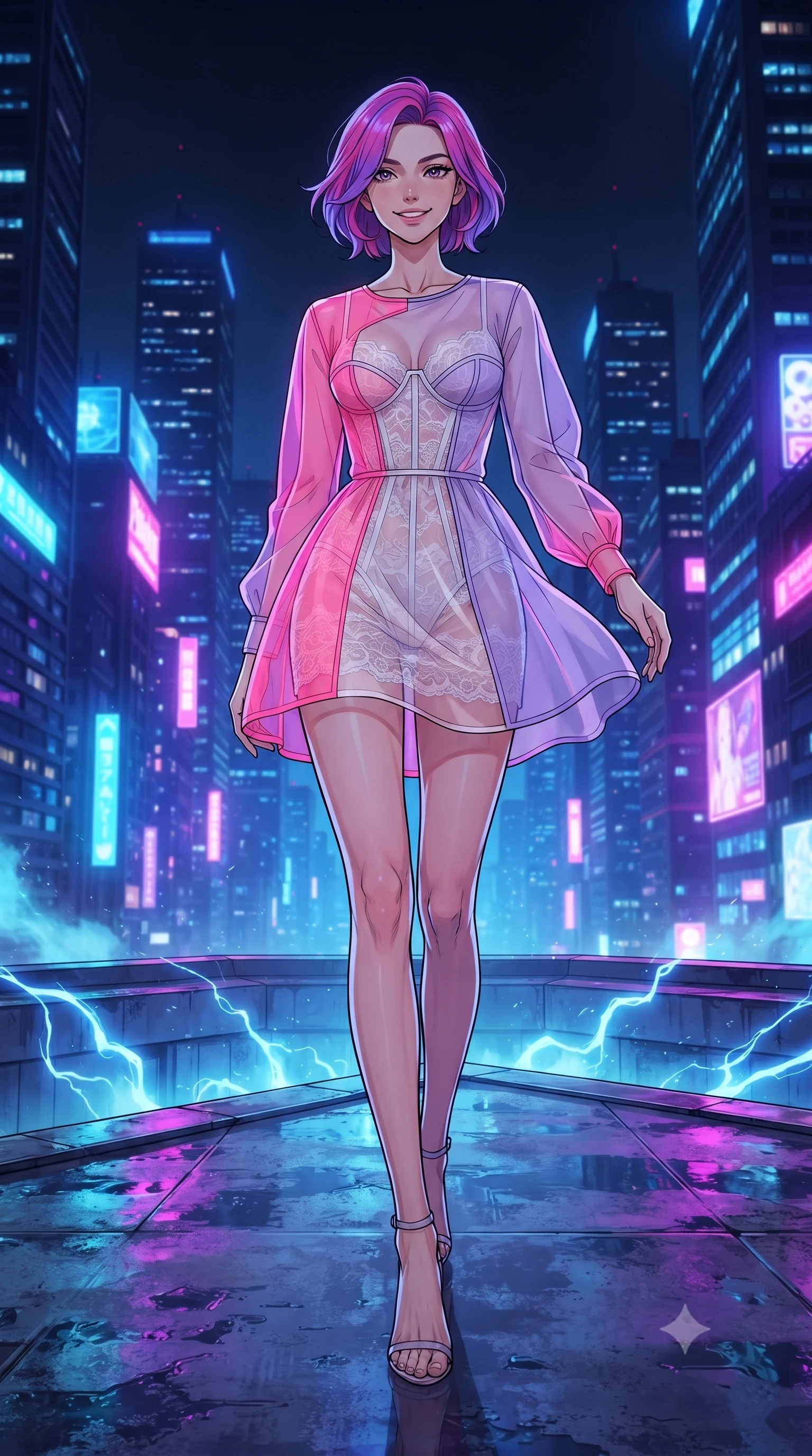 score_9, masterpiece, best quality, ultra-detailed, high-budget anime keyframe, editorial fashion photography, tasteful artistic composition, gorgeous anime illustration, with clean line-art, distinct ink outlines, and high-contrast stereoscopic depth, Caucasian woman, strictly human ears. low angle full-body shot from head to toe showing her feet, filling the entire 9:16 vertical frame with her statuesque presence, stretching her vertical silhouette. stepping elegantly with a warm, welcoming smile through on a high-rise building helipad at night, with wet concrete reflecting the vibrant blue and purple neon lights of surrounding skyscrapers. She has a statuesque 8.5-heads proportion, an exceptionally tall, slender and willowy model-like build with impossibly long legs and a highly sculpted ultra-slim waist. sharp v-shaped jawline, high-bridge nose, intricate jewel-like eyes with depth, thick eyelashes, glossy lips with a natural sheen. wearing a sheer organza mini dress in color-blocked neon pink and lavender, layered over a white lace underlayer with visible corset boning. pulsing electric blue plasma arc lighting rising dramatically from below. 2k, ultra detail, master piece, 9:16 ratio, highly saturated vibrant anime colors, detailed cel-shading with soft gradients, rich glossy textures, deep contrast, volumetric dynamic lighting, 2d animation style