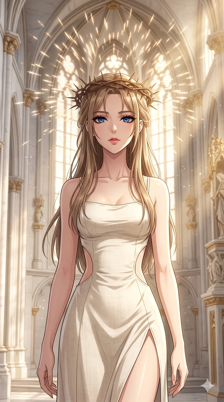 score_9, masterpiece, best quality, ultra-detailed, High-budget Anime Keyframe, beautiful Caucasian anime girl (strictly human ears). Upper body close-up from the thighs up, character filling the screen for maximum presence. Wearing a crown of thorns that releases a barrage of thousands of glowing light needles. She has an absolutely perfect 8-heads proportion, an exceptionally tall and slender female figure with impossibly long slender legs and an ultra-slim waist. Sharp v-shaped jawline, high-bridge nose, intricate jewel-like eyes with depth, thick eyelashes, glossy lips with a natural sheen. Wearing a Seasonal/Resort outfit: cream linen sundress with side cut-outs and a high side slit. Background is a bright, white marble cathedral with golden light rays and floating dust particles. 2k, ultra detail, master piece, 9:16 ratio