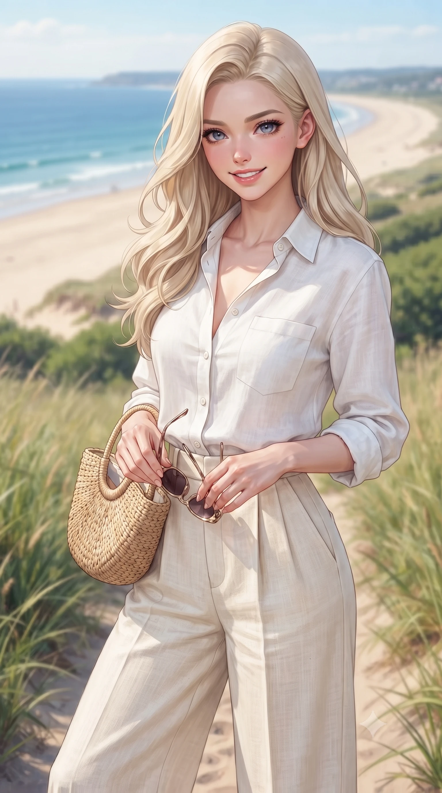score_9, masterpiece, best quality, ultra-detailed, high-budget anime keyframe, editorial fashion photography, tasteful artistic composition, Caucasian woman. close-up cowboy shot from the waist and thighs up, the character dominates the composition, filling the frame with her large presence, background elements kept in soft focus. smiling with cute and bright self-assurance, looking directly at the viewer set against a soft-focus background of on a grassy dune path overlooking a wide sandy beach and blue water holding a cute straw tote bag and a pair of sunglasses. She has an exceptionally elegant, slender, and willowy female figure with an ultra-slim waist, a gracefully sculpted slender torso, and a refined silhouette. sharp v-shaped jawline, high-bridge nose, intricate jewel-like eyes with depth, thick eyelashes, glossy lips with a natural sheen. wearing form-contouring casual resort wear linen shirt in white, paired with wide-leg linen pants. cool morning daylight creating a fresh, energetic seaside atmosphere. highly saturated vibrant anime colors, detailed shading with soft gradients, rich glossy textures, high-contrast stereoscopic depth, volumetric dynamic lighting, master piece, 9:16 ratio