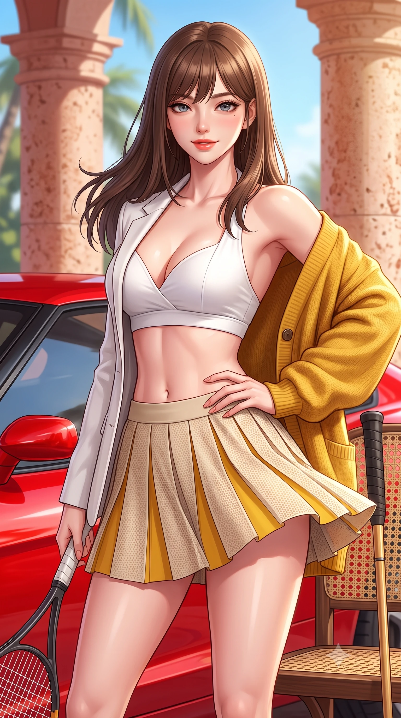 score_9, masterpiece, best quality, ultra-detailed, high-budget anime keyframe, semi-realistic 3D game render, editorial fashion photography, tasteful artistic composition, Korean woman. close-up cowboy shot from the waist and thighs up, the character dominates the composition, filling the frame with her large presence. twisting her slender torso in an alluring contrapposto stance, one hand resting on her sculpted hip while holding a tennis racket with effortless poise while twisting her slender torso in an alluring contrapposto stance, Florida ocean breezes fluttering her pleated tennis skirt around her curvy hips. The surrounding environment is rendered in vivid detail and crisp panoramic clarity: sharp Ferrari red enamel paint reflections, coral stone pillar textures, and polo mallet cane weave in deep focus. She has an exceptionally elegant, slender, and willowy female figure with an ultra-slim waist, flat toned midriff, narrow ribcage, and sculpted feminine hips creating an alluring, slim hourglass silhouette without bulk. sharp v-shaped jawline, high-bridge nose, sparkling eyes with athletic focus and depth, thick curled eyelashes, glossy parted lips with a natural coral-peach sheen, bright confident and coquettish smile with alluring bedroom-eyes, exuding both youthful sporty vigor and sovereign high-society glamour, flawlessly proportioned anatomical accuracy, strict slender model proportions, natural body alignment, perfectly sculpted long slender limbs, ultra-slim waistline, clean dynamic posture without body distortion. wearing a tailored white blazer worn open over a plunging racing bandeau top and pleated tennis micro-skirt in warm oatmeal beige and deep Ferrari yellow, woven from semi-opaque performance athletic mesh with hexagonal micro-perforations, complemented by an oversized cashmere knit cardigan slipping off one bare shoulder, the precision-cut side openings and low-back scoop framing her graceful spine and the sensual sweep of her slim, athletic hips. bathed in luminous Florida sunshine reflecting off white coral stone terraces. highly saturated vibrant anime colors, detailed shading with soft gradients, rich glossy textures, high-contrast stereoscopic depth, volumetric dynamic lighting, master piece, 9:16 ratio