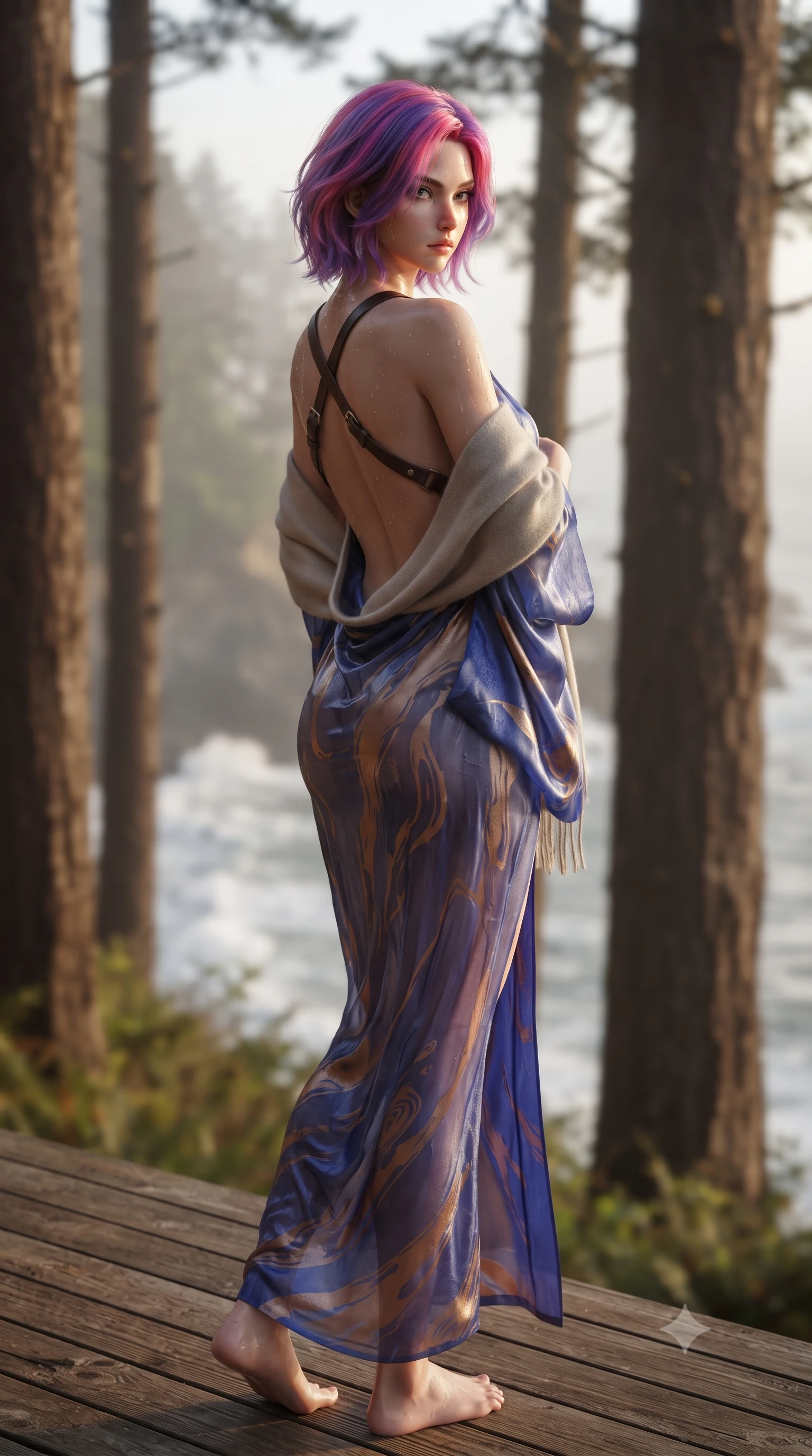 score_9, masterpiece, best quality, ultra-detailed, high-budget anime keyframe, editorial fashion photography, tasteful artistic composition, Caucasian woman. low angle full-body shot from head to toe showing her feet, filling the entire 9:16 vertical frame with her statuesque presence, stretching her vertical silhouette. sitting perched on the elevated edge with hips angled toward the camera and legs crossed, displaying her toned midriff and flawlessly sculpted slender limbs while standing poised on the cliff edge terrace, twisting her slender torso in an alluring contrapposto stance as the cool Pacific breeze whips her cashmere shawl. The composition keeps background elements in soft focus with creamy bokeh. towering ancient redwood trunks, crashing Pacific ocean breakers, and coastal sea fog blurred into golden amber, coastal sage, and oceanic blue bokeh. She has an exceptionally tall and slender model-like 8.5-heads proportion, an ultra-slim waist, a flat toned midriff, narrow delicate ribcage, and beautifully sculpted feminine hips creating a graceful, slim hourglass silhouette without any bulky heaviness, with impossibly long slender legs. sharp v-shaped jawline, high-bridge nose, intricate jewel-like eyes with depth, thick eyelashes, glossy parted lips with a natural sheen, intensely captivating and seductive bedroom-eyes expression, flawlessly proportioned anatomical accuracy, strict slender model proportions, natural body alignment, perfectly sculpted long slender limbs, ultra-slim waistline, clean dynamic posture without body distortion. wearing a delicate semi-translucent silk yukata that clings to her wet skin and curvy hip contours in royal sapphire blue and liquid bronze, woven from layered gossamer chiffon with a weightless sweeping drape, featuring an open-back criss-cross harness strap in dark leather, the dramatically scooped open back descending to the base of her spine, accentuating her razor-sharp statuesque lines and slim hourglass silhouette. illuminated by warm cedar deck bounce light sharply defining her sculpted collarbones, ultra-slim waist, and curvy hips. ultra-reflective glossy finish, specular highlights, rich textural contrasts, high-contrast stereoscopic depth, volumetric dynamic lighting, 2k, ultra detail, master piece, 9:16 ratio