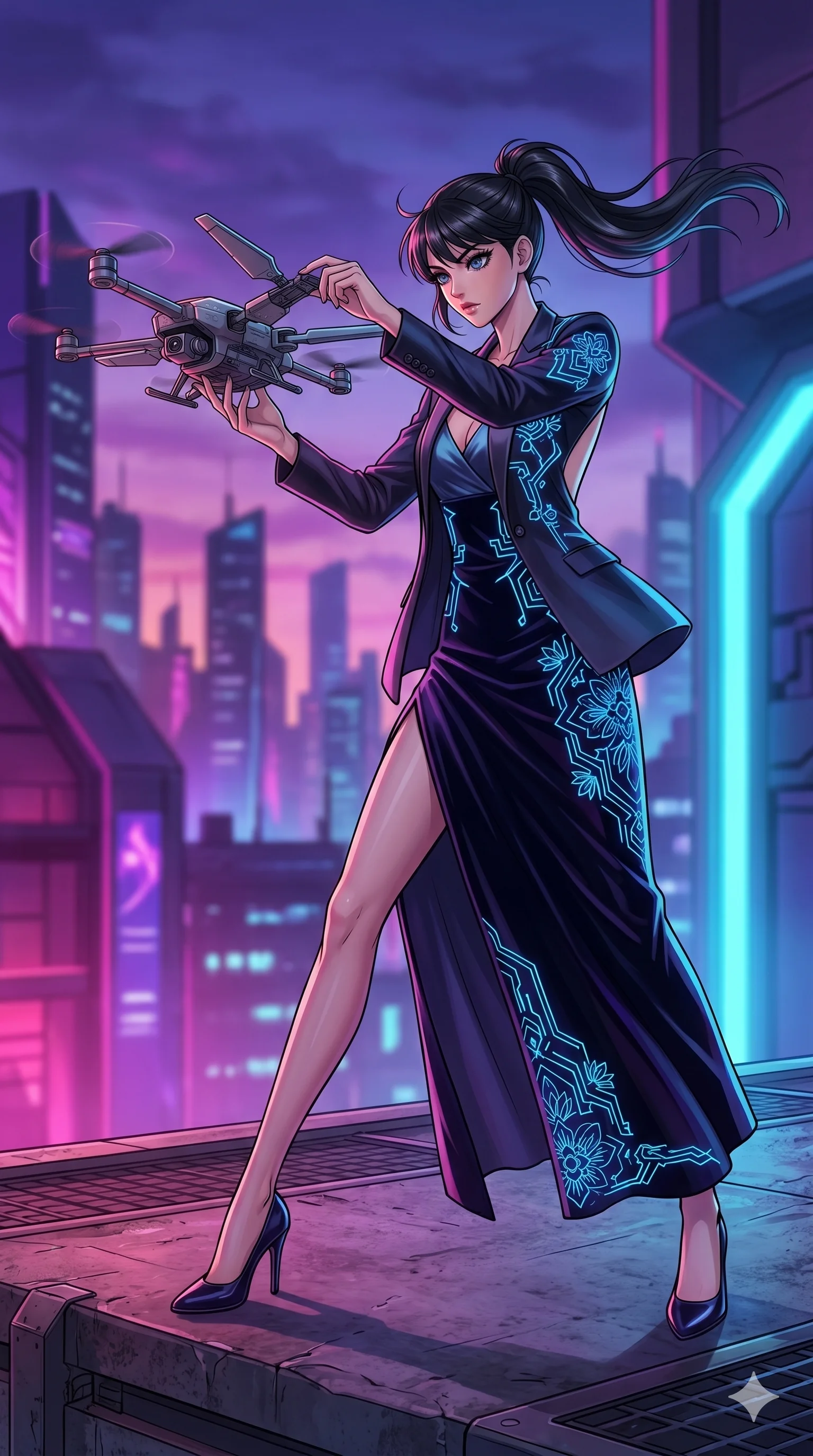 score_9, masterpiece, best quality, ultra-detailed, high-budget anime movie keyframe, cinematic anime lighting, intricate line art, Korean woman. Low angle cowboy shot capturing a powerful motion and statuesque presence. reparing a drone's wings as it hovers in front of her. She has an absolutely perfect 8-heads proportion, an exceptionally tall and slender female figure with graceful and slender proportions. strictly human anatomy, two legs only, no extra limbs, clearly defined legs and arms, perfect anatomy, perfect hands and fingers. sharp v-shaped jawline, high-bridge nose, intricate jewel-like eyes, thick eyelashes, glossy lips. Wearing High-Fashion Editorial: Silk slip dress with elegant side slit, backless velvet gown, and structured blazer over a coordinated top. The scene is illuminated by dramatic atmospheric lighting and vibrant color palettes. , 2k, ultra detail, master piece, 9:16 ratio