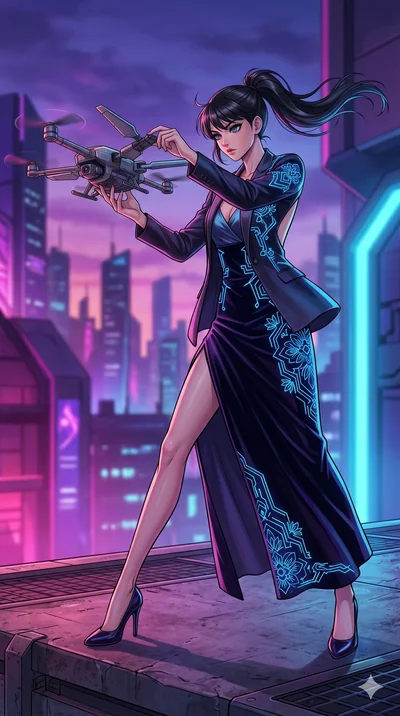 score_9, masterpiece, best quality, ultra-detailed, high-budget anime movie keyframe, cinematic anime lighting, intricate line art, Korean woman. Low angle cowboy shot capturing a powerful motion and statuesque presence. reparing a drone's wings as i