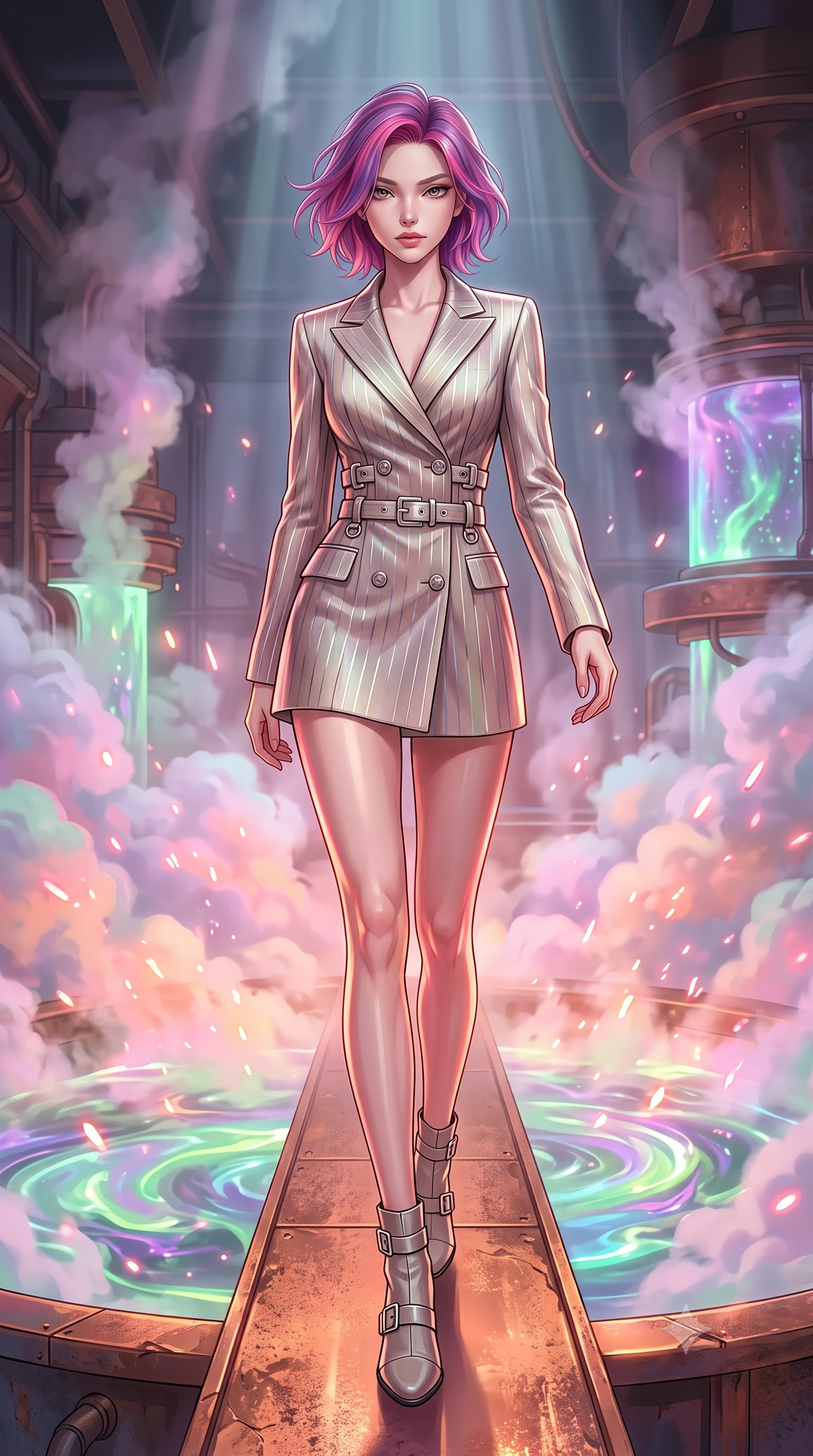 score_9, masterpiece, best quality, ultra-detailed, high-budget anime keyframe, editorial fashion photography, tasteful artistic composition, Caucasian woman. low angle full-body shot from head to toe showing her feet, filling the entire 9:16 vertical frame with her statuesque presence, stretching her vertical silhouette. navigating the luminous space with effortless poise, displaying her perfect model proportions standing on a copper cat-walk over a glowing vat of molten liquid aurora energy, pastel-colored steam clouds scattering bright metallic reflections. She has an absolutely perfect, statuesque 8.5-heads proportion, an exceptionally tall and slender model-like female figure with impossibly long slender legs and an ultra-slim waist. sharp v-shaped jawline, high-bridge nose, intricate jewel-like eyes with depth, thick eyelashes, glossy lips with a natural sheen. wearing a double-breasted blazer dress with metallic pin-stripes in muted taupe and soft ivory, crafted from iridescent chiffon that shifts colors in the light, detailed with polished silver buckles along the waistline, the glove-like fit emphasizing her statuesque silhouette. bathed in hot pink and orange furnace glow with sharp bronze specular highlights. highly saturated vibrant anime colors, detailed shading with soft gradients, rich glossy textures, high-contrast stereoscopic depth, volumetric dynamic lighting, master piece, 9:16 ratio