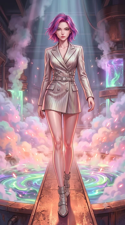 score_9, masterpiece, best quality, ultra-detailed, high-budget anime keyframe, editorial fashion photography, tasteful artistic composition, Caucasian woman. low angle full-body shot from head to toe showing her feet, filling the entire 9:16 vertica