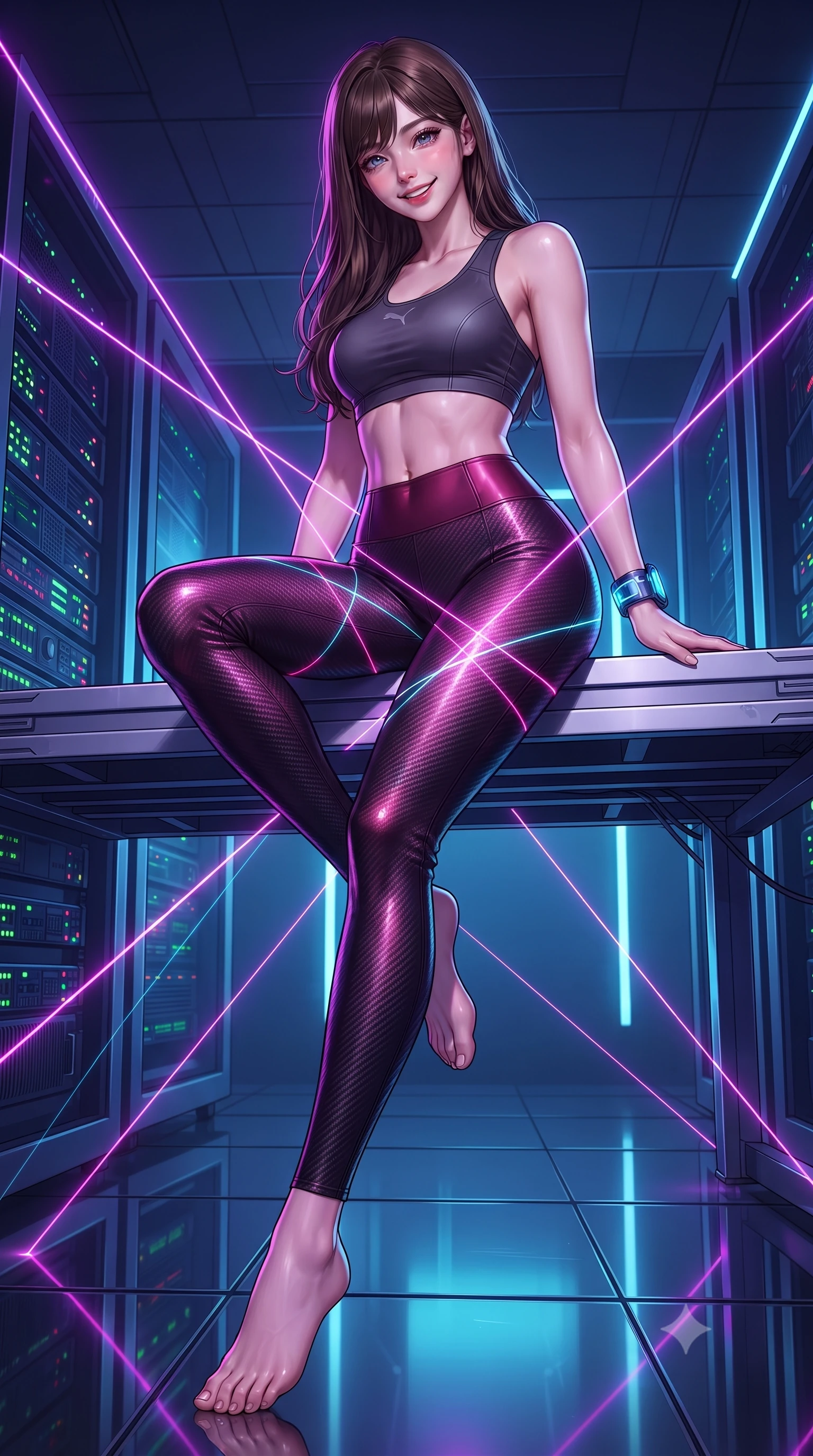 score_9, masterpiece, best quality, ultra-detailed, high-budget anime keyframe, editorial fashion photography, tasteful artistic composition, Korean woman. low angle full-body shot from head to toe showing her feet, filling the entire 9:16 vertical frame with her statuesque presence, stretching her vertical silhouette. sitting perched on the elevated maintenance gantry edge with legs crossed and hips angled toward the camera, displaying her toned midriff and long slender limbs with joyful, coquettish charm while twisting her slender torso in an alluring S-curve, criss-crossing security laser beams casting geometric magenta and cyan lines across her curvy hips. The surrounding environment is rendered in vivid detail and crisp panoramic clarity: sharp server rack status LEDs, polished mirrored floor reflections, and laser beam dust-scatter clarity in deep focus. She has an absolutely perfect, statuesque 8.5-heads proportion, an exceptionally tall and slender model-like female figure with impossibly long slender legs, an ultra-slim waist, a flat toned midriff, narrow delicate ribcage, and beautifully sculpted feminine hips creating a graceful, slim hourglass silhouette without any bulky heaviness. sharp v-shaped jawline, high-bridge nose, intricate jewel-like sparkling eyes with depth, thick eyelashes, glossy parted lips with a natural sheen, bright confident smile with an enchanting and coquettish sensual glint, exuding both youthful magnetic charm and sovereign high-tech allure, flawlessly proportioned anatomical accuracy, strict slender model proportions, natural body alignment, perfectly sculpted long slender limbs, ultra-slim waistline, clean dynamic posture without body distortion. wearing a tactical racerback athletic crop top paired with skin-tight high-waisted holographic combat leggings in deep wine crimson and dark carbon weave, formed from supple thermal silicone composite adhering seamlessly like a second skin, featuring sleek glowing cyan HUD display wrist cuffs with floating data telemetry, the high-waisted tailoring accentuating her ultra-slim waistline and the enchanting curve of her feminine hips with alluring dark charm. bathed in high-contrast neon laser lines of violet and cyan reflecting off glossy surfaces. ultra-reflective glossy finish, specular highlights, rich textural contrasts, high-contrast stereoscopic depth, volumetric dynamic lighting, 2k, ultra detail, master piece, 9:16 ratio