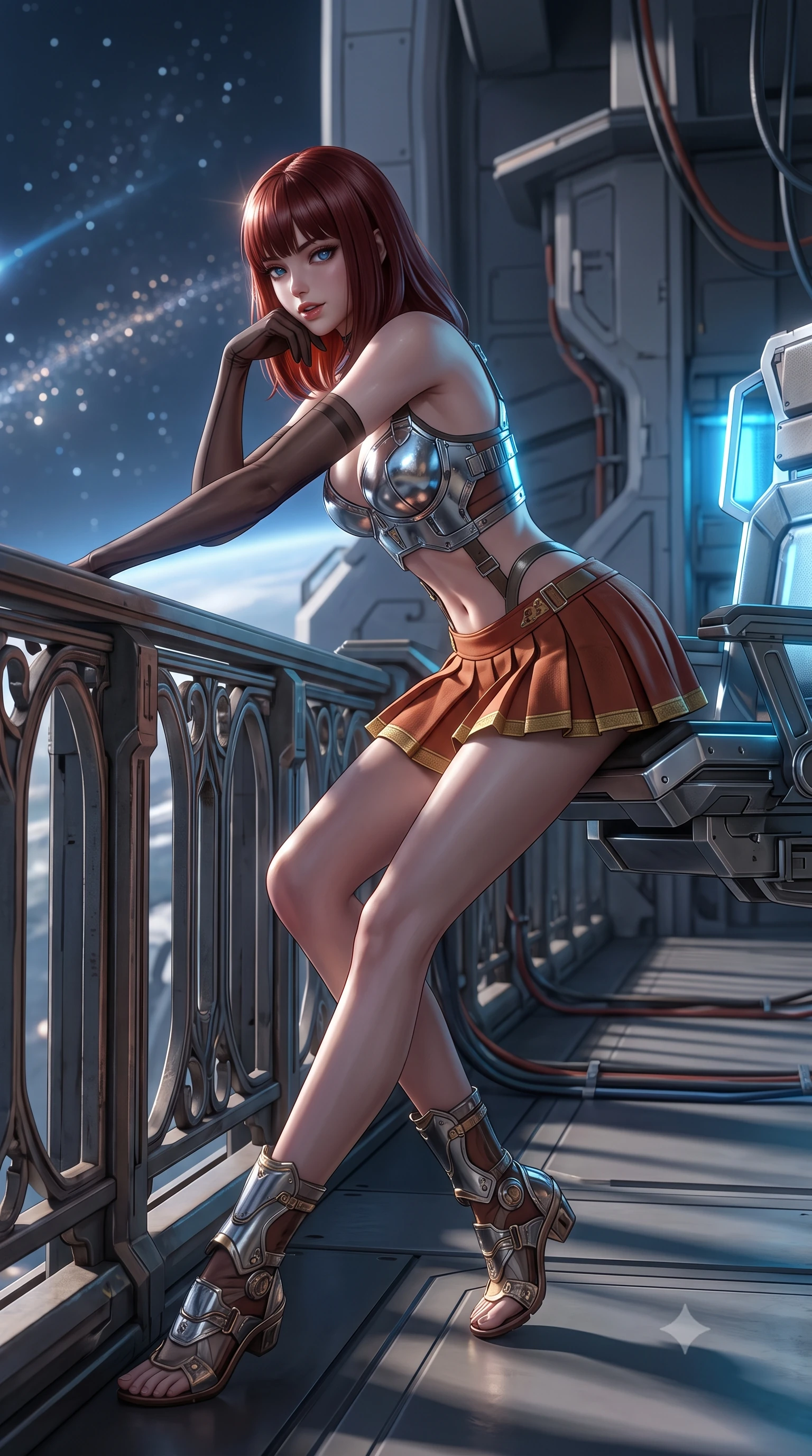 score_9, masterpiece, best quality, ultra-detailed, high-budget anime keyframe, semi-realistic 3D game render, editorial fashion photography, tasteful artistic composition, Caucasian woman. low angle full-body shot from head to toe showing her feet, filling the entire 9:16 vertical frame with her statuesque presence, stretching her vertical silhouette. leaning deep against the balcony balustrade with hips cocked back in an unapologetically alluring high-fashion stance, casting an intoxicating glance while lounging gracefully across the tactical gunner seat propped on one elbow with legs extended, displaying her long slender limbs and statuesque hourglass silhouette with regal anime flair. The background shows a soft-focus ionized vacuum plasma particles softened in orbital defense platform shallow focus. She has an exceptionally tall and slender model-like 8.5-heads proportion, an ultra-slim waist, a flat toned midriff, narrow delicate ribcage, and beautifully sculpted feminine hips creating a graceful, slim hourglass silhouette without any bulky heaviness, with impossibly long slender legs. sharp v-shaped jawline, high-bridge nose, intricate jewel-like sparkling eyes with depth, thick eyelashes, glossy parted lips with a natural peach sheen, bright cheerful beaming smile with an enchanting and coquettish sensual glint, exuding both youthful cute charm and seductive allure, flawlessly proportioned anatomical accuracy, strict slender model proportions, natural body alignment, perfectly sculpted long slender limbs, ultra-slim waistline, clean dynamic posture without body distortion. wearing a chrome-plated tactical combat bustier top with reinforced underwire paired with a low-rise pleated micro combat skirt in Martian desert terracotta and dust-storm gold, crafted from bespoke double-faced cashmere with an exceptionally soft tactile finish, complemented by sheer opera-length evening gloves tracing her slender arms, the bespoke structured tailoring following the natural line of her 8.5-heads silhouette with refined elegance. bathed in cold electric-blue capacitor glow combined with crisp unpolluted starlight. highly saturated vibrant anime colors, detailed shading with soft gradients, rich glossy textures, high-contrast stereoscopic depth, volumetric dynamic lighting, master piece, 9:16 ratio