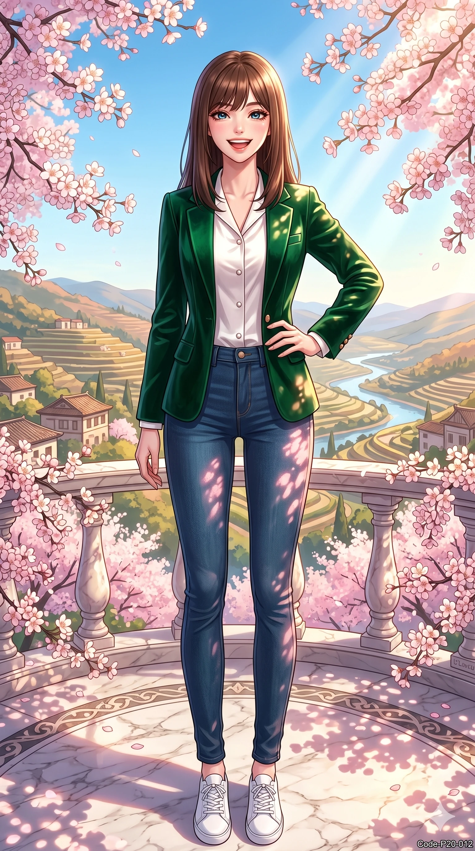 score_9, masterpiece, best quality, ultra-detailed, high-budget anime keyframe, vibrant anime aesthetic, Korean woman. low angle full-body shot from head to toe showing her feet, filling the entire 9:16 vertical frame with her statuesque presence, stretching her vertical silhouette. She is posing with a bright grin, one hand on her hip, looking at the lens with joyful eyes on an elegant marble balcony decorated with spring blossoms overlooking a sunny valley (Code-P20-012). She has an absolutely perfect 8-heads proportion, an exceptionally tall and slender female figure with impossibly long slender legs and an ultra-slim waist. V-shaped jawline, high-bridge nose, intricate jewel-like eyes with depth, thick eyelashes, glossy lips with a natural sheen. wearing a tailored velvet blazer over a satin collar blouse and slim-fit jeans. She is drenched in soft sunbeams filtering through cherry blossoms, casting a pinkish glow. 2k, ultra detail, master piece, 9:16 ratio