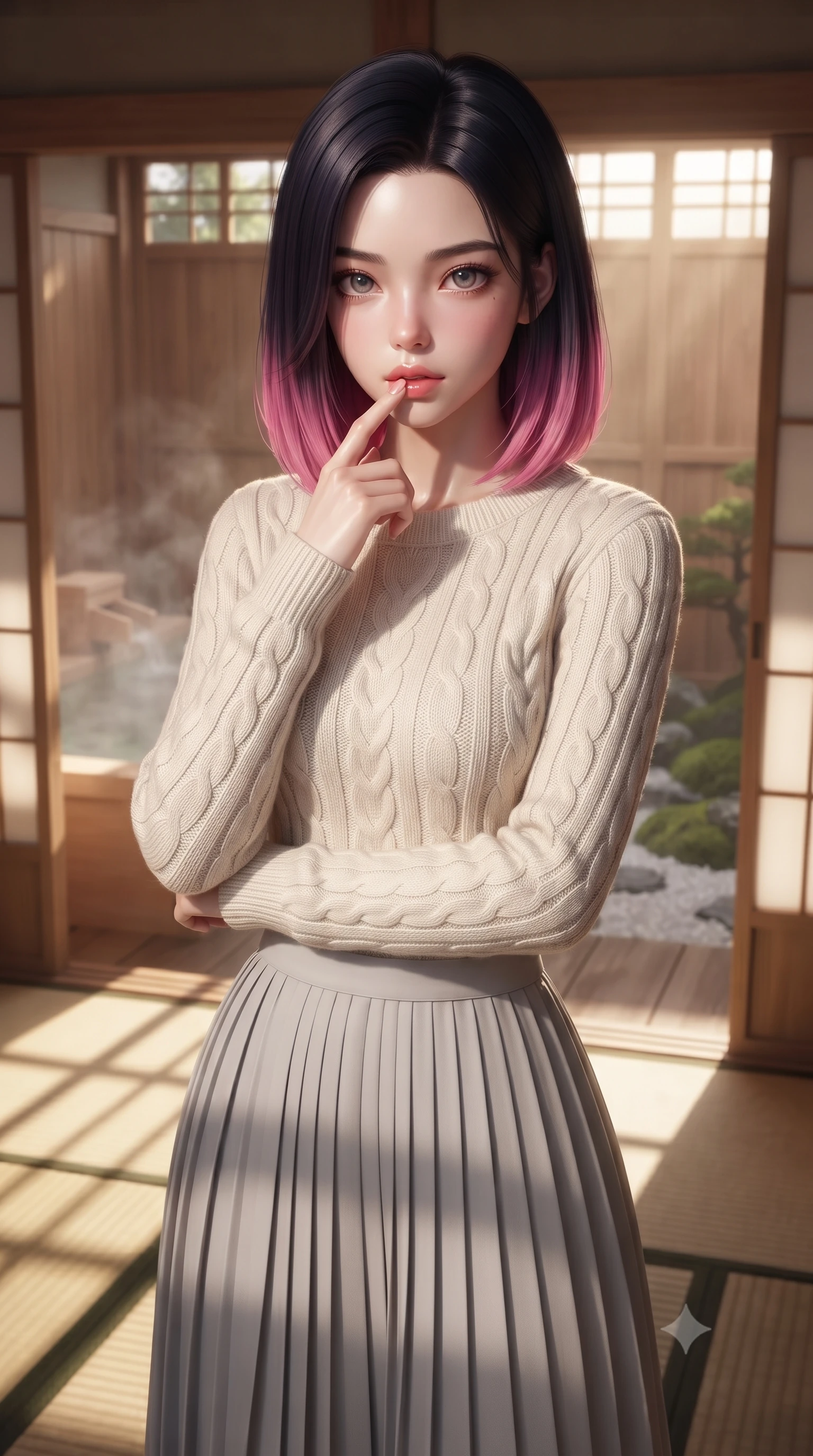score_9, masterpiece, best quality, ultra-detailed, high-budget anime keyframe, editorial fashion photography, tasteful artistic composition, Korean woman woman. close-up cowboy shot from the waist and thighs up, the character dominates the composition, filling the frame with her large presence, background elements kept in soft focus. pressing one finger to her bottom lip in a thoughtful, seductive gesture under the warm sun the background shows a soft-focus a private cypress wood bath (hinoki) facing a small moss garden through sliding doors. She has an exceptionally elegant, slender, and willowy female figure with an ultra-slim waist, a gracefully sculpted slender torso, and a refined silhouette. sharp v-shaped jawline, high-bridge nose, intricate jewel-like eyes with depth, thick eyelashes, glossy lips with a natural sheen. wearing a form-contouring cozy cable-knit sweater in ivory, paired with a pleated light grey midi skirt. soft late afternoon sunrays casting long wooden grid shadows on the tatami. ultra-reflective glossy finish, specular highlights, metallic sheen, high-contrast stereoscopic depth, volumetric dynamic lighting, 2k, ultra detail, master piece, 9:16 ratio