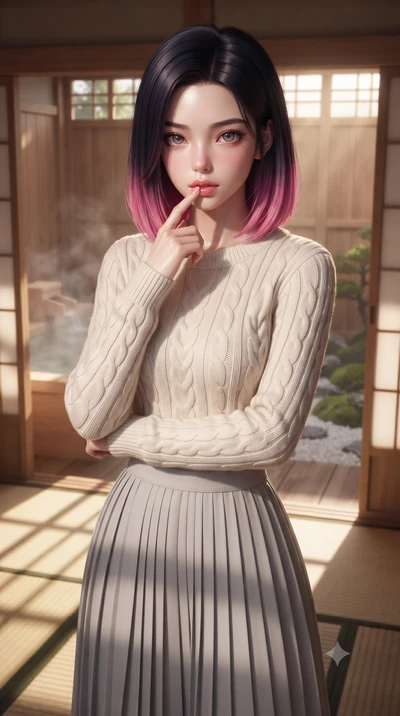 score_9, masterpiece, best quality, ultra-detailed, high-budget anime keyframe, editorial fashion photography, tasteful artistic composition, Korean woman woman. close-up cowboy shot from the waist and thighs up, the character dominates the compositi