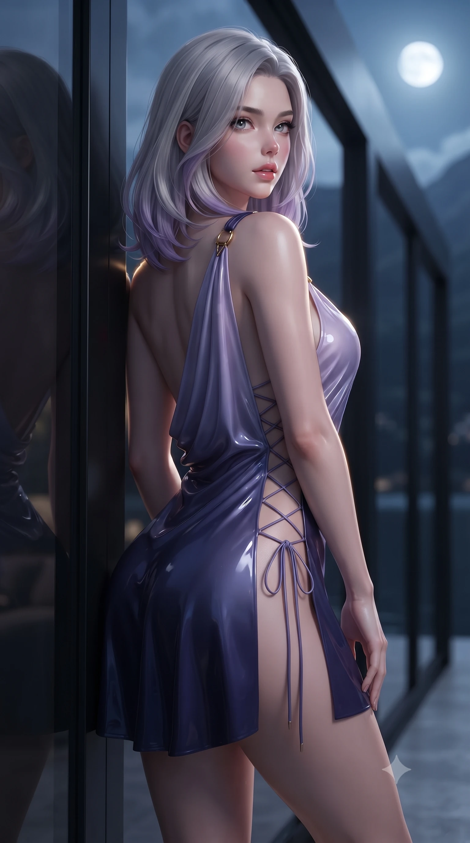score_9, masterpiece, best quality, ultra-detailed, high-budget anime keyframe, editorial fashion photography, tasteful artistic composition, Caucasian woman. close-up cowboy shot from the waist and thighs up, the character dominates the composition, filling the frame with her large presence. posing in an alluring rear three-quarter angle, looking over a bare shoulder with parted glossy lips, her hips cocked back to highlight her slim hourglass curve while leaning against the black structural glass wall with hips cocked back, looking over a bare shoulder toward the moonlit Italian Alps. The background shows a soft-focus black glass villa facade reflections softened in ultra-exclusive lakefront shallow focus. She has an exceptionally elegant, slender, and willowy female figure with an ultra-slim waist, flat toned midriff, narrow ribcage, and sculpted feminine hips creating an alluring, slim hourglass silhouette without bulk. sharp v-shaped jawline, high-bridge nose, sparkling eyes with hypnotic seductive depth, thick curled eyelashes, glossy parted lips with a natural dewy peach sheen, alluring bedroom-eyes with an enchanting coquettish smile, exuding magnetic siren charisma and sophisticated glamour, flawlessly proportioned anatomical accuracy, strict slender model proportions, natural body alignment, perfectly sculpted long slender limbs, ultra-slim waistline, clean dynamic posture without body distortion. wearing a draped Greek-goddess style silk chiffon mini toga dress with an open back and golden hip fibula in twilight lavender and midnight indigo, crafted from wet-look high-gloss vinyl fabric with dazzling specular surface reflections, featuring fine criss-cross lace-up side ties revealing tantalizing glimpses of her hip curve, the form-contouring silhouette accentuating her sculpted flat midriff, narrow delicate ribcage, and gracefully curvy hips with intoxicating allure. illuminated by lake water specular bounce and sharp warm-gold rim lights defining her delicate clavicles, narrow waist, and curvy hips. ultra-reflective glossy finish, specular highlights, rich textural contrasts, high-contrast stereoscopic depth, volumetric dynamic lighting, 2k, ultra detail, master piece, 9:16 ratio