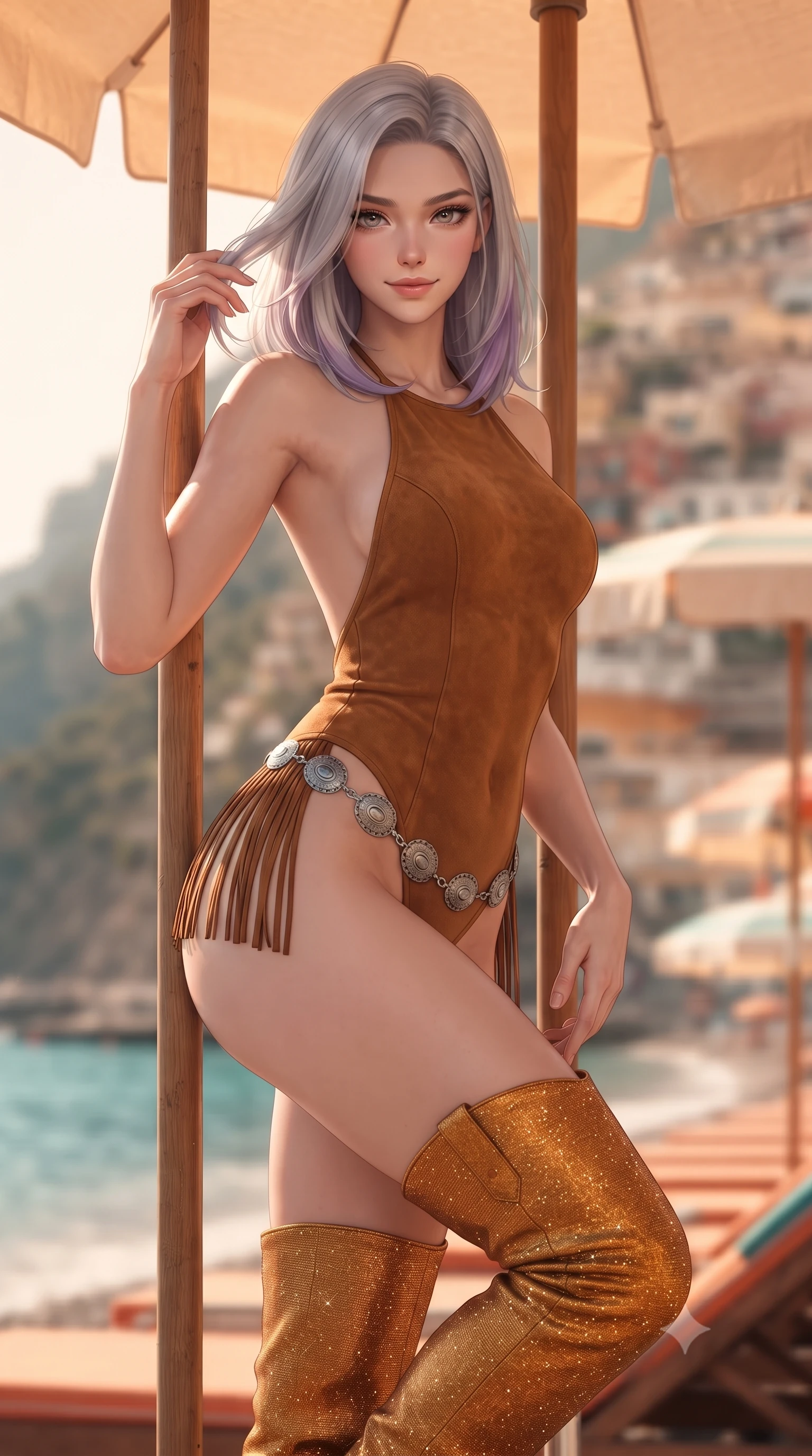 score_9, masterpiece, best quality, ultra-detailed, high-budget anime keyframe, editorial fashion photography, tasteful artistic composition, Caucasian woman. close-up cowboy shot from the waist and thighs up, the character dominates the composition, filling the frame with her large presence. twisting her slender torso in an alluring contrapposto stance, one hand resting on her sculpted hip while her fingers toy with her hair with effortless poise while leaning against a wooden parasol pole with hips cocked back, looking into the camera with an intoxicating smoldering gaze. The background shows a soft-focus the dramatic vertical cliff of colorful Positano villas, stacked parasols, and turquoise sea blurred into terracotta, lemon, and azure bokeh. She has an exceptionally elegant, slender, and willowy female figure with an ultra-slim waist, flat toned midriff, narrow ribcage, and sculpted feminine hips creating an alluring, slim hourglass silhouette without bulk. sharp v-shaped jawline, high-bridge nose, sparkling eyes with hypnotic seductive depth, thick curled eyelashes, glossy parted lips with a natural dewy peach sheen, alluring bedroom-eyes with an enchanting coquettish smile, exuding magnetic siren charisma and sophisticated glamour, flawlessly proportioned anatomical accuracy, strict slender model proportions, natural body alignment, perfectly sculpted long slender limbs, ultra-slim waistline, clean dynamic posture without body distortion. wearing a slinky backless halterneck suede leotard with fringe accents along the side hips and thigh-high cowboy boots in warm amber honey and antique gold leaf, woven from stretch metallic lurex jersey casting radiant starlight glints across her silhouette, accented with an intricate silver concho waist chain resting loosely on her curvy hips, the form-contouring silhouette accentuating her sculpted flat midriff, narrow delicate ribcage, and gracefully curvy hips with intoxicating allure. illuminated by parasol shadow gradients and sharp golden-peach rim lights defining her razor-sharp jawline, narrow waist, and curvy hips. ultra-reflective glossy finish, specular highlights, rich textural contrasts, high-contrast stereoscopic depth, volumetric dynamic lighting, 2k, ultra detail, master piece, 9:16 ratio