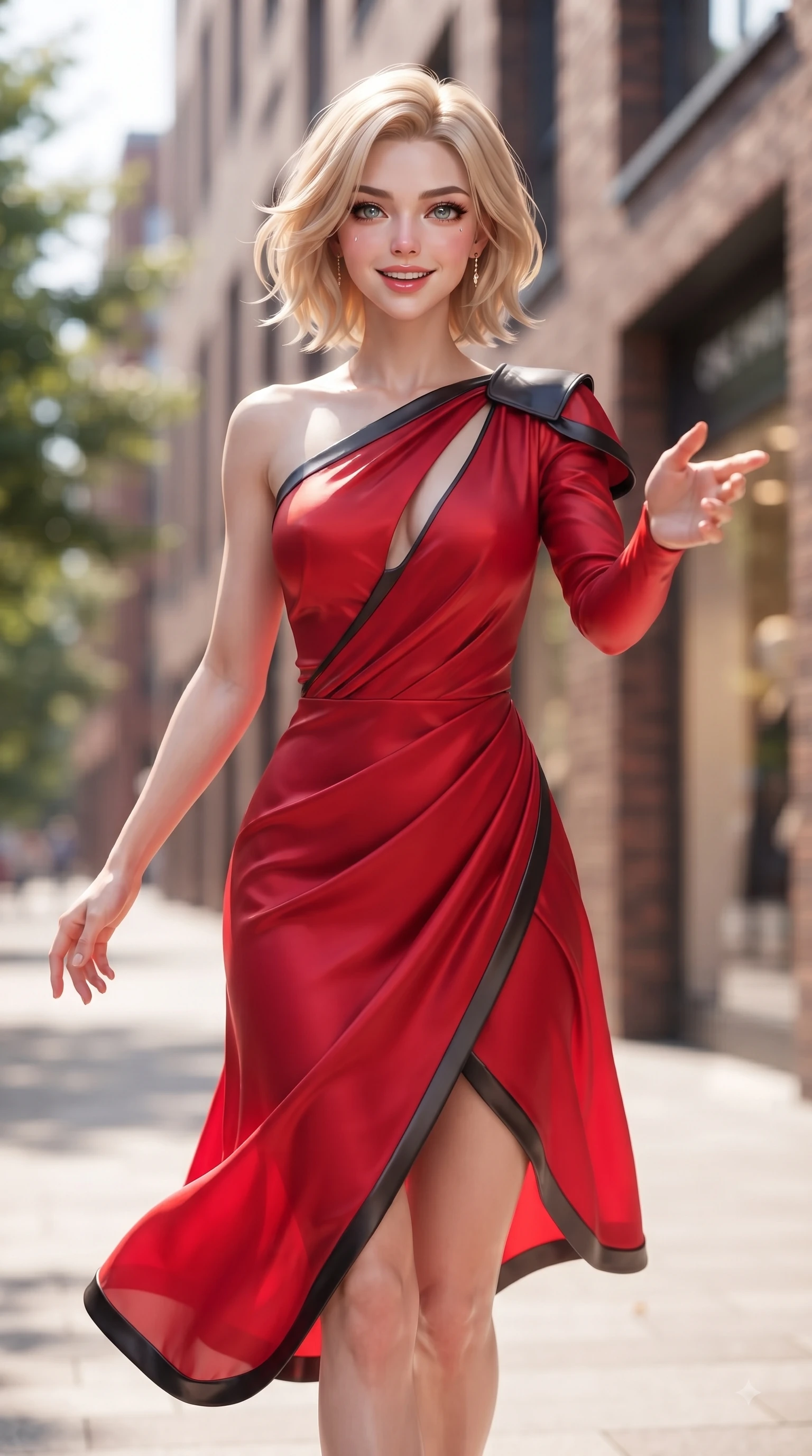 score_9, masterpiece, best quality, ultra-detailed, high-budget anime keyframe, editorial fashion photography, tasteful artistic composition, Caucasian woman. close-up cowboy shot from the waist and thighs up, the character dominates the composition, filling the frame with her large presence. Fresh enchanting smile, her eyes twinkling like jewels in the bright sunlight as one arm reaches out cheerfully while stepping along a quiet tree-lined fashion avenue with an effortless statuesque posture. The composition keeps background elements in soft focus with dreamy bokeh. modern brick architecture and chic boutique windows blurred into warm, creamy background bokeh. She has an exceptionally elegant, slender, and willowy female figure with an ultra-slim waist, a gracefully sculpted slender torso, and a refined silhouette. sharp v-shaped jawline, high-bridge nose, intricate jewel-like eyes with depth, thick eyelashes, glossy lips with a natural sheen, flawlessly proportioned anatomical accuracy, natural body alignment, perfectly sculpted elegant limbs, clean dynamic posture without body distortion. wearing an asymmetrical draped chiffon midi dress with a sleek shoulder accent in vibrant scarlet red and sleek black trim, crafted from smooth liquid silk satin, accented with a Tasteful chest slit framing her clavicle gracefully, the glove-like fit emphasizing her statuesque silhouette during motion. surrounded by a lively, stylish, and fresh city atmosphere. ultra-reflective glossy finish, specular highlights, metallic sheen, high-contrast stereoscopic depth, volumetric dynamic lighting, 2k, ultra detail, master piece, 9:16 ratio