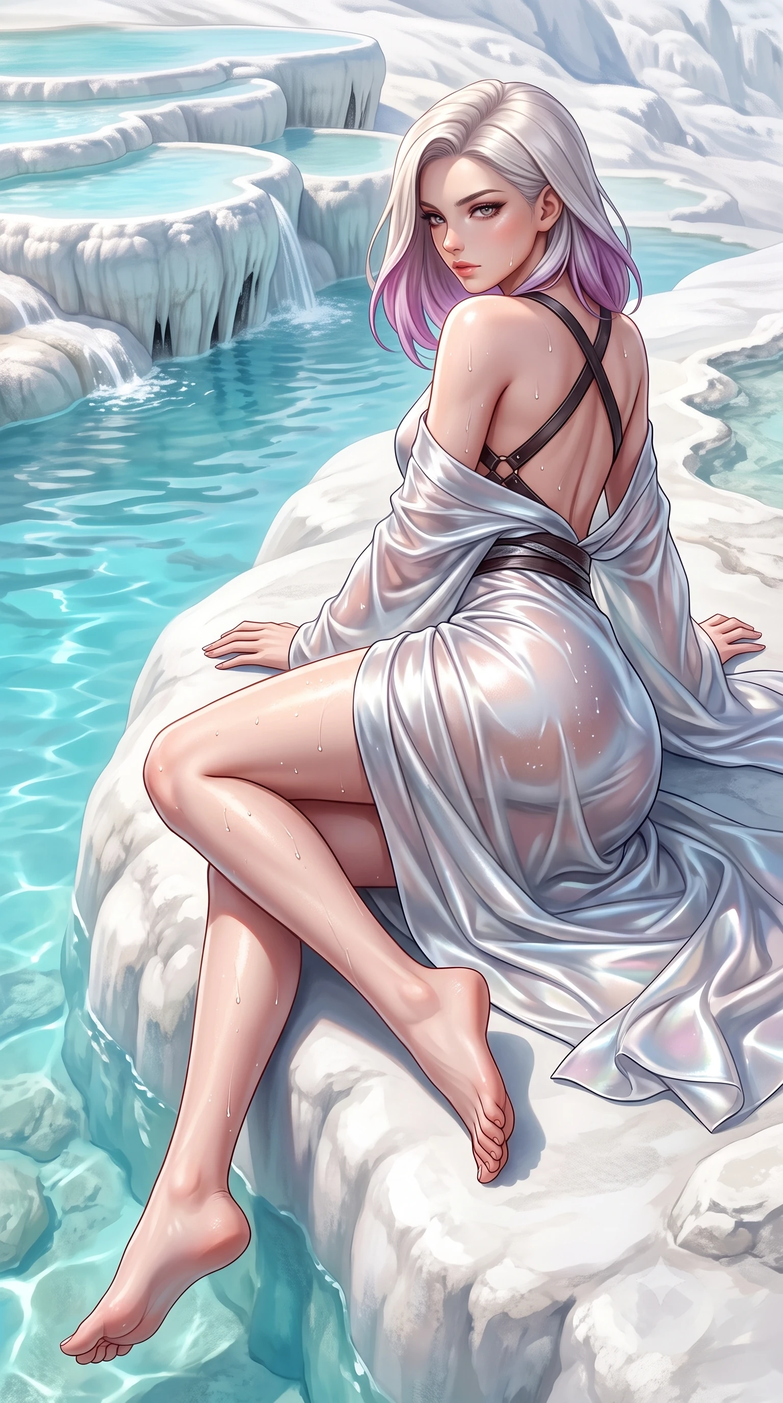 score_9, masterpiece, best quality, ultra-detailed, high-budget anime keyframe, semi-realistic 3D game render, editorial fashion photography, tasteful artistic composition, Caucasian woman. low angle full-body shot from head to toe showing her feet, filling the entire 9:16 vertical frame with her statuesque presence, stretching her vertical silhouette. reclining on her side in an elegant Cleopatra pose with one knee drawn up, the dramatic contour of her rounded hips and long slender legs commanding the 9:16 vertical frame while sitting on the smooth calcified white mineral rim with legs crossed, looking over her bare shoulder with sun-dazed, seductive bedroom-eyes. The surrounding environment is rendered in vivid detail and crisp panoramic clarity. detailed swimwear or sheer wrap sheen, water droplet beads on skin, and Pamukkale geological formations in high resolution. She has an exceptionally tall and slender model-like 8.5-heads proportion, an ultra-slim waist, a flat toned midriff, narrow delicate ribcage, and beautifully sculpted feminine hips creating a graceful, slim hourglass silhouette without any bulky heaviness, with impossibly long slender legs. sharp v-shaped jawline, high-bridge nose, intricate jewel-like eyes with depth, thick eyelashes, glossy parted lips with a natural sheen, intensely captivating and seductive bedroom-eyes expression, flawlessly proportioned anatomical accuracy, strict slender model proportions, natural body alignment, perfectly sculpted long slender limbs, ultra-slim waistline, clean dynamic posture without body distortion. wearing a delicate semi-translucent silk yukata that clings to her wet skin and curvy hip contours in shimmering silver mercury and pearl white, tailored from ultra-smooth duchess satin with a pearlescent sheen, featuring an open-back criss-cross harness strap in dark leather, the second-skin form-contouring cut accentuating her sculpted flat midriff, narrow delicate ribcage, and gracefully curvy hips with supermodel precision. illuminated by luminous turquoise water reflections sharply carving her razor-sharp jawline, narrow waist, and curvy hips. highly saturated vibrant anime colors, detailed shading with soft gradients, rich glossy textures, high-contrast stereoscopic depth, volumetric dynamic lighting, master piece, 9:16 ratio