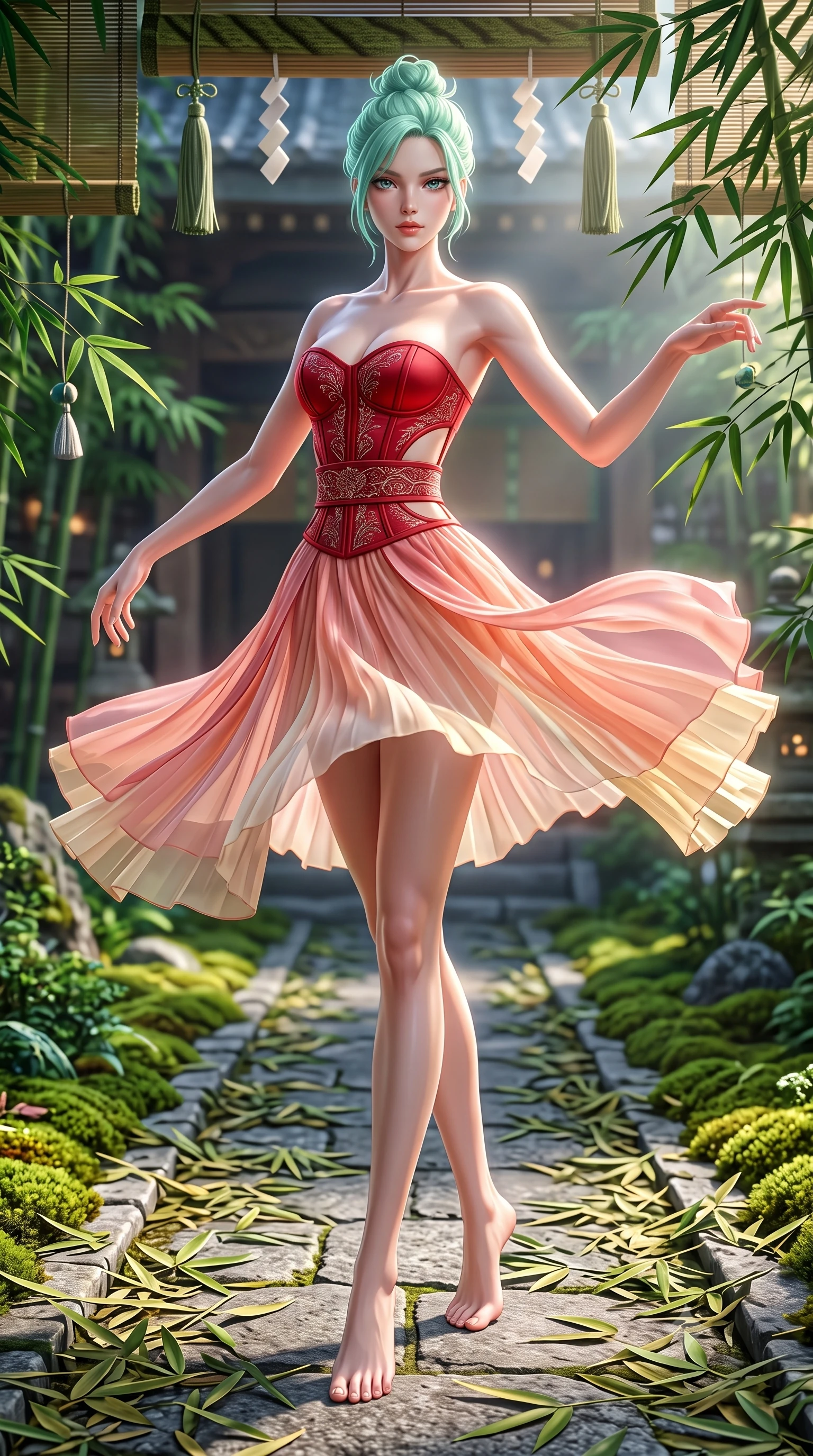 score_9, masterpiece, best quality, ultra-detailed, high-budget anime keyframe, semi-realistic 3D game render, editorial fashion photography, tasteful artistic composition, Japanese woman. low angle full-body shot from head to toe showing her feet, filling the entire 9:16 vertical frame with her statuesque presence, stretching her vertical silhouette. executing an elegant mid-motion spin with effortless grace, her garments fluttering softly around her ultra-slim waistline while striding along a stone path covered in fallen bamboo leaves with effortless, otherworldly supernatural balance. The surrounding environment is rendered in vivid detail and crisp panoramic clarity. intricate moss carpets, hanging silk tassels, and bamboo leaf venation in high resolution. She has an absolutely perfect, statuesque 8.5-heads proportion, an exceptionally tall and slender model-like female figure with impossibly long slender legs, a toned flat midriff, and an ultra-slim waist. sharp v-shaped jawline, high-bridge nose, intricate jewel-like eyes with depth, thick eyelashes, glossy lips with a natural sheen, captivating and magnetic expression, flawlessly proportioned anatomical accuracy, strict slender model proportions, natural body alignment, perfectly sculpted long slender limbs, ultra-slim waistline, clean dynamic posture without body distortion. wearing a sacred shrine maiden couture robe with sheer pleated chiffon skirt and structured scarlet corset top in soft peach blossom pink and warm ivory, woven from fine mulberry silk with metallic thread embroidery, finished with a wide embroidered waist band emphasizing her slender midriff, the precision-cut daring openings accentuating her delicate midriff, graceful bare collarbones, and ultra-slim feminine waistline. illuminated by ethereal glow highlighting her sculpted collarbones, waistline, and slender silhouette. highly saturated vibrant anime colors, detailed shading with soft gradients, rich glossy textures, high-contrast stereoscopic depth, volumetric dynamic lighting, master piece, 9:16 ratio