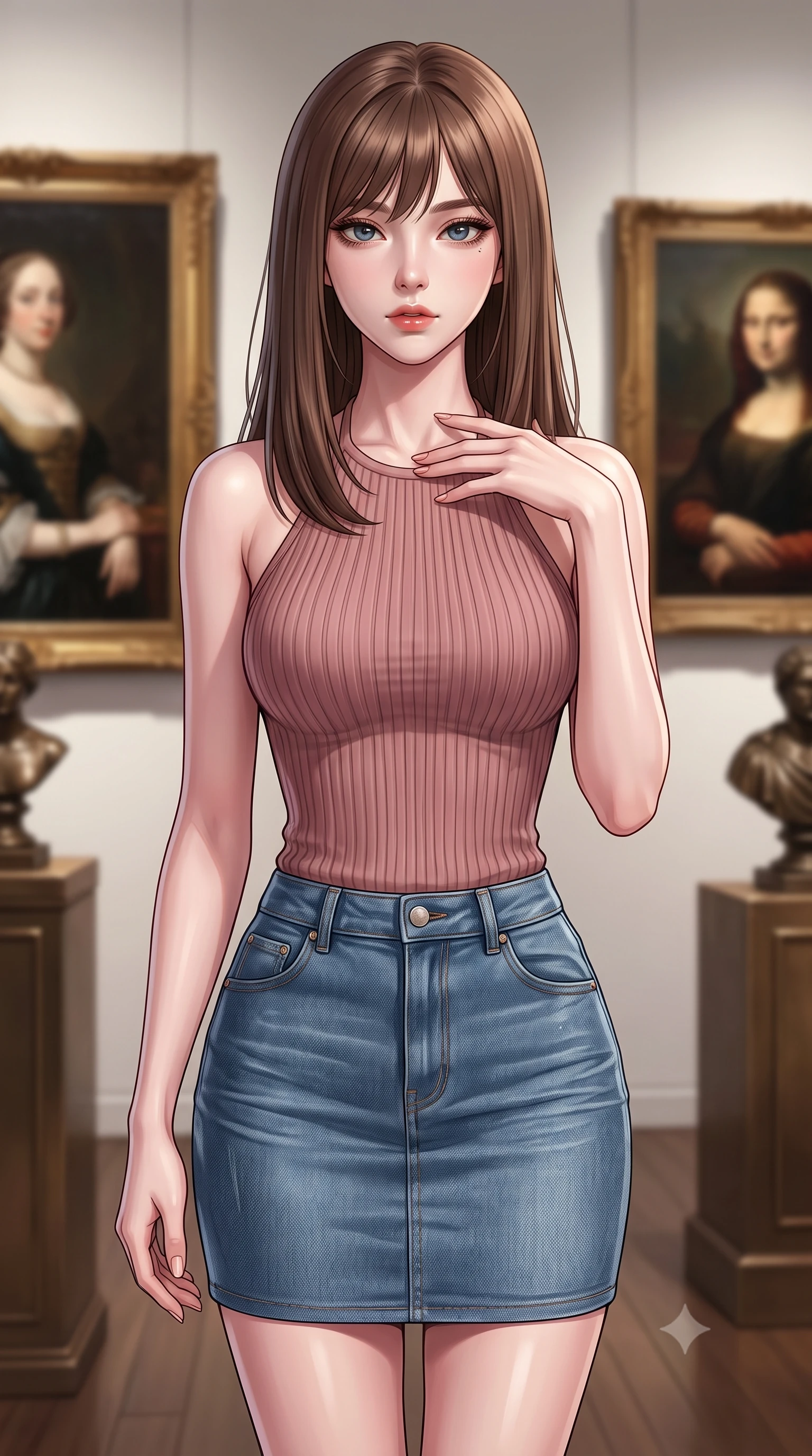 score_9, masterpiece, best quality, ultra-detailed, high-budget anime keyframe, editorial fashion photography, tasteful artistic composition, Korean woman. close-up cowboy shot from the waist and thighs up, the character dominates the composition, filling the frame with her large presence, background elements kept in soft focus. standing with one hand resting on her collarbone, looking at the viewer with bedroom-eyes the background shows a soft-focus a private art collector's gallery with framed oil portraits and bronze pedestals. She has an exceptionally elegant, slender, and willowy female figure with an ultra-slim waist, a gracefully sculpted slender torso, and a refined silhouette. sharp v-shaped jawline, high-bridge nose, intricate jewel-like eyes with depth, thick eyelashes, glossy lips with a natural sheen. wearing a body-hugging form-fitting ribbed knit halter top in dusty rose, paired with a tight-fitting denim skirt. directional track lighting highlighting subtle fabric textures. highly saturated vibrant anime colors, detailed shading with soft gradients, rich glossy textures, high-contrast stereoscopic depth, volumetric dynamic lighting, master piece, 9:16 ratio