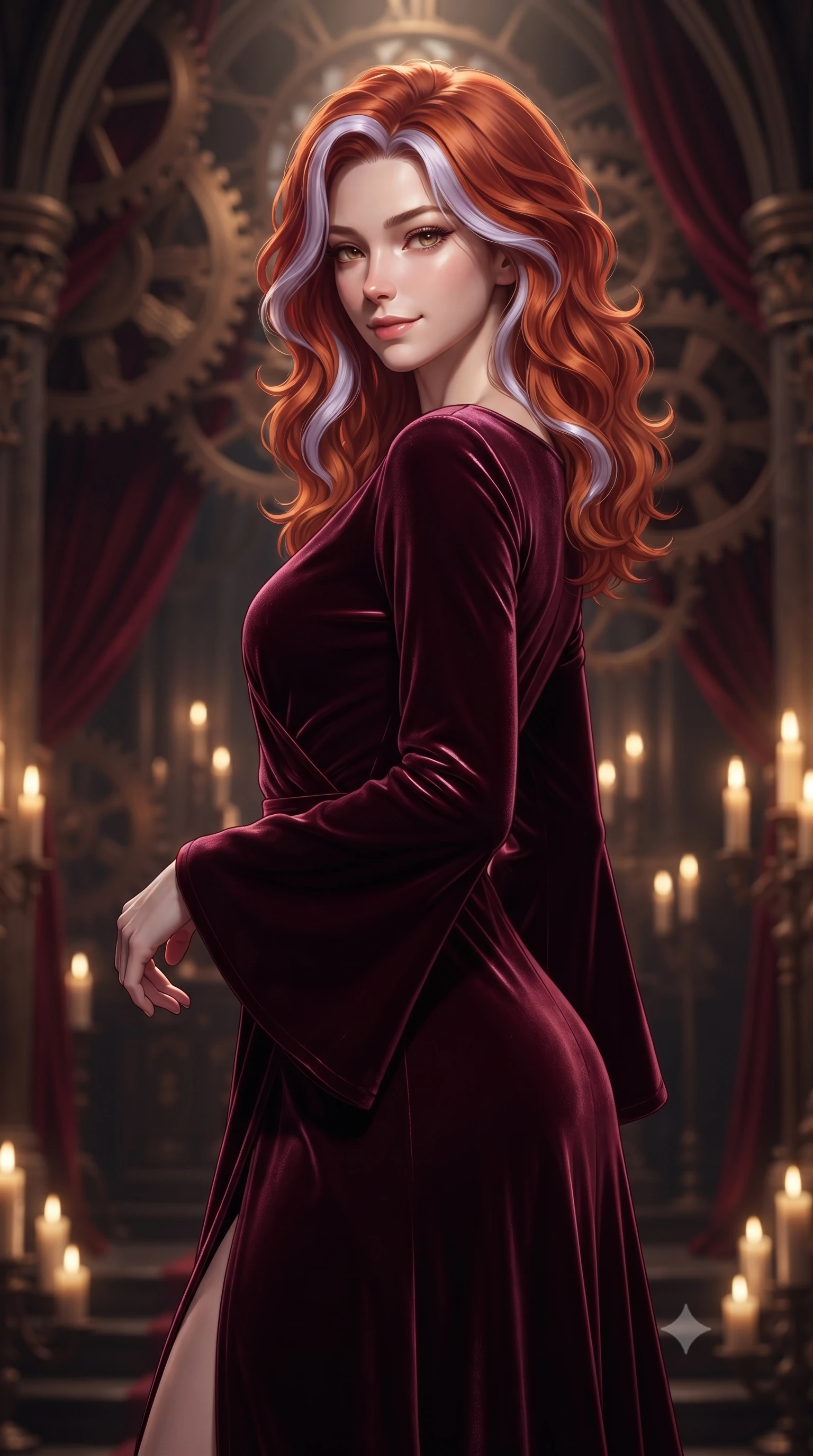 score_9, masterpiece, best quality, ultra-detailed, high-budget anime keyframe, editorial fashion photography, tasteful artistic composition, Caucasian woman woman. close-up cowboy shot from the waist and thighs up, the character dominates the composition, filling the frame with her large presence, background elements kept in soft focus. She has an exceptionally elegant, slender, and willowy female figure with an ultra-slim waist, a gracefully sculpted slender torso, and a refined silhouette. glancing sidelong over her shoulder with a smoldering, magnetic half-smile, flawlessly proportioned anatomical accuracy, natural body alignment, perfectly sculpted elegant limbs, clean dynamic posture without body distortion. set against a soft-focus background of a high space cathedral nave with rotating bronze gears and velvet drapes. wearing a luxurious velvet wrap gown with long bell sleeves and a modest boat neckline. bathed in dramatic chiaroscuro key light with flickering golden candlelight. ultra-reflective glossy finish, specular highlights, metallic sheen, high-contrast stereoscopic depth, volumetric dynamic lighting, 2k, ultra detail, master piece, 9:16 ratio