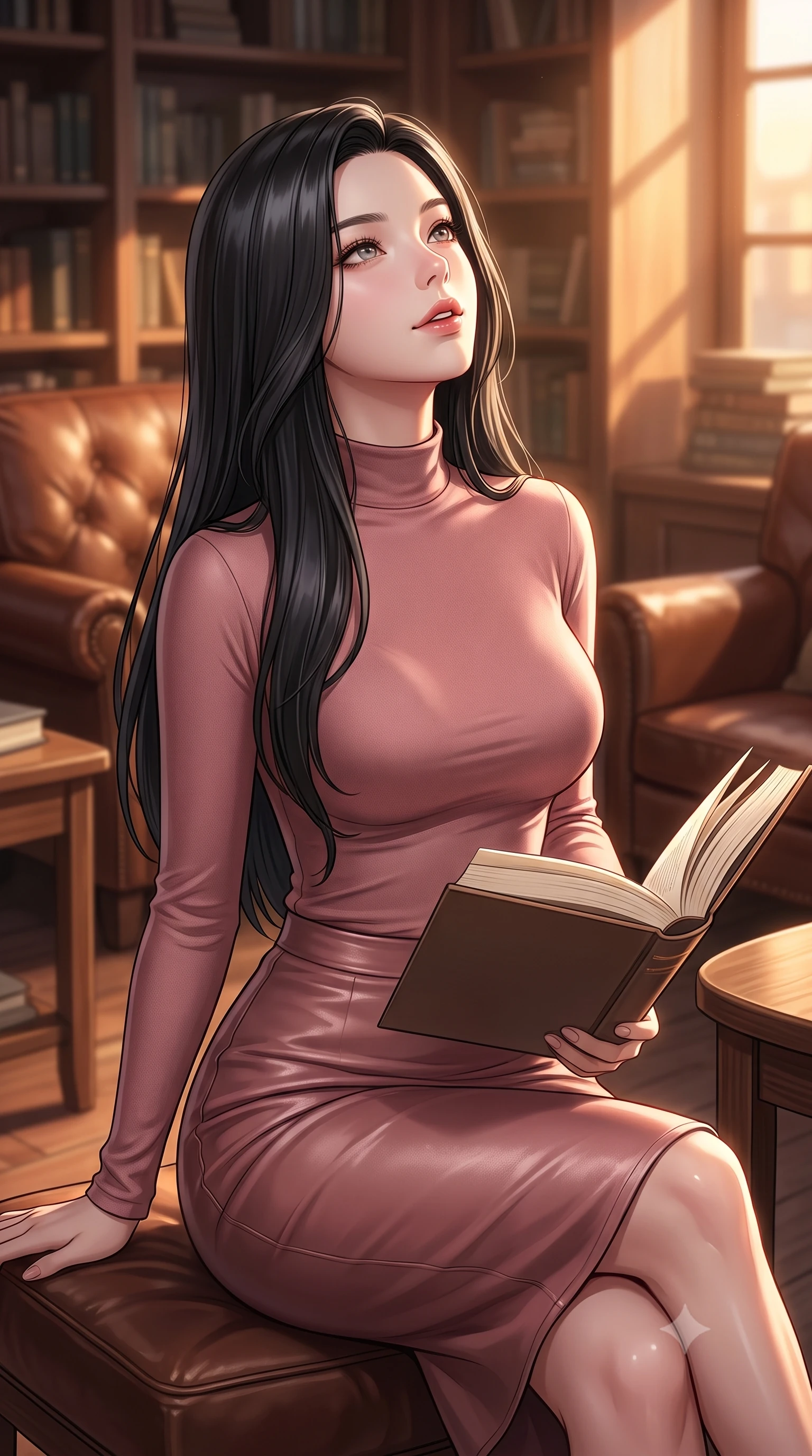 score_9, masterpiece, best quality, ultra-detailed, high-budget anime keyframe, editorial fashion photography, tasteful artistic composition, Korean woman. close-up cowboy shot from the waist and thighs up, the character dominates the composition, filling the frame with her large presence, background elements kept in soft focus. archingly tilting her head back slightly with a soft, sensual half-smile and parted lips set against a soft-focus background of in a cozy book cafe corner with leather armchairs and wooden side tables reading an open hardcover book with a happy, focused expression. She has an exceptionally elegant, slender, and willowy female figure with an ultra-slim waist, a gracefully sculpted slender torso, and a refined silhouette. sharp v-shaped jawline, high-bridge nose, intricate jewel-like eyes with depth, thick eyelashes, glossy lips with a natural sheen. wearing slim-fit form-fitting long-sleeve mock-neck top in dusty rose, paired with a slim-fit leather midi skirt. cozy golden hour sunset light illuminating the dusty bookshelves with a warm glow. ultra-reflective glossy finish, specular highlights, metallic sheen, high-contrast stereoscopic depth, volumetric dynamic lighting, 2k, ultra detail, master piece, 9:16 ratio