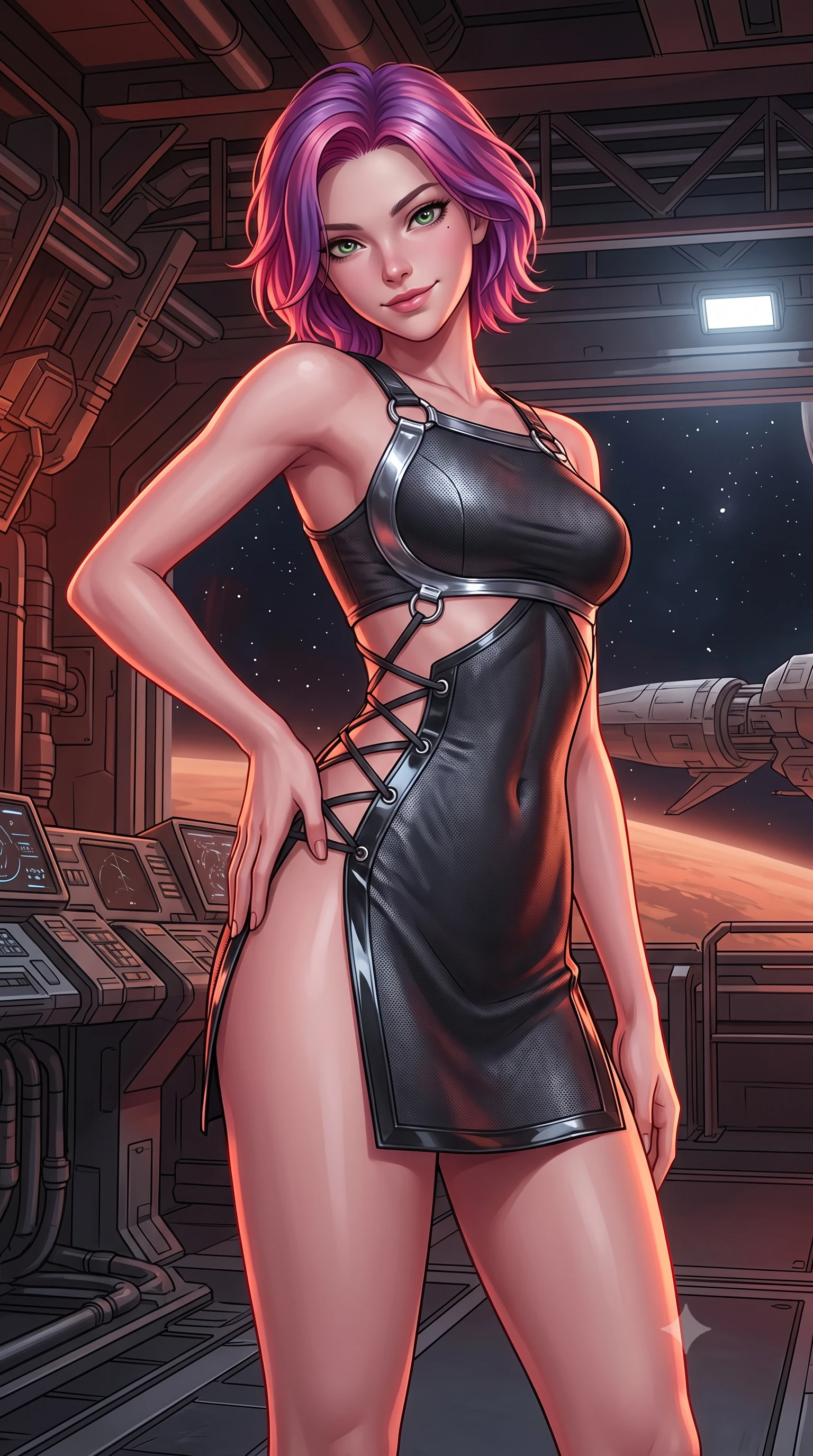 score_9, masterpiece, best quality, ultra-detailed, high-budget anime keyframe, semi-realistic 3D game render, editorial fashion photography, tasteful artistic composition, Caucasian woman. close-up cowboy shot from the waist and thighs up, the character dominates the composition, filling the frame with her large presence. tilting her head with a teasing half-smile, running one hand slowly down the side of her hip in a flirtatious S-curve as ambient light caresses her silhouette while twisting her slender torso in an alluring S-curve, rust-red Marslight and silver starlight casting dynamic highlights across her flat midriff and hips. The surrounding environment is rendered in vivid detail and crisp panoramic clarity: detailed pilot uniform lines, glossy patent leather trims, and airless space station engineering in high resolution. She has an exceptionally elegant, slender, and willowy female figure with an ultra-slim waist, flat toned midriff, narrow ribcage, and sculpted feminine hips creating an alluring, slim hourglass silhouette without bulk. sharp v-shaped jawline, high-bridge nose, intricate jewel-like sparkling eyes with depth, thick eyelashes, glossy parted lips with a natural peach sheen, bright cheerful beaming smile with an enchanting and coquettish sensual glint, exuding both youthful cute charm and seductive allure, flawlessly proportioned anatomical accuracy, strict slender model proportions, natural body alignment, perfectly sculpted long slender limbs, ultra-slim waistline, clean dynamic posture without body distortion. wearing a provocative open-waist combat cutout mini dress framed by polished chrome ring hardware and thigh-high slit in liquid mercury chrome and stealth charcoal, tailored from high-density tech-wool with subtle metallic thread weave, featuring fine criss-cross lace-up side ties revealing tantalizing glimpses of her hip curve, the second-skin tailored fabric adhering flawlessly to her sculpted flat midriff and slender torso, emphasizing her long leg lines and perfectly proportioned willowy build. bathed in deep reddish-orange reflected Marslight combined with crisp white 6000K hangar floodlights. highly saturated vibrant anime colors, detailed shading with soft gradients, rich glossy textures, high-contrast stereoscopic depth, volumetric dynamic lighting, master piece, 9:16 ratio