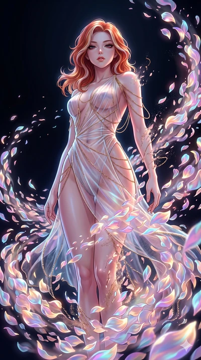 score_9, masterpiece, best quality, ultra-detailed, High-budget Anime Keyframe, East Asian woman. Low angle cowboy shot filling the entire 9:16 frame with her statuesque presence. Scenario 241: Dissolving into a cloud of iridescent silk petals in a v