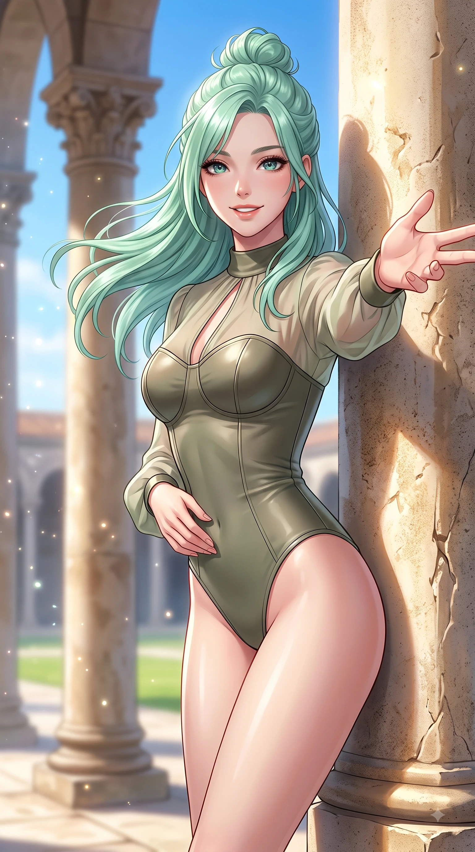 score_9, masterpiece, best quality, ultra-detailed, high-budget anime keyframe, editorial fashion photography, tasteful artistic composition, Japanese woman. close-up cowboy shot from the waist and thighs up, the character dominates the composition, filling the frame with her large presence, background elements kept in soft focus. Fresh enchanting smile, her eyes twinkling like jewels in the bright sunlight as one arm reaches out cheerfully while leaning against an antique stone pillar in a sunlit university quadrangle with sparkling eyes, warm spring breeze swaying her long hair gracefully against the blue sky backdrop. She has an exceptionally elegant, slender, and willowy female figure with an ultra-slim waist, a gracefully sculpted slender torso, and a refined silhouette. sharp v-shaped jawline, high-bridge nose, intricate jewel-like eyes with depth, thick eyelashes, glossy lips with a natural sheen, flawlessly proportioned anatomical accuracy, natural body alignment, perfectly sculpted elegant limbs, clean dynamic posture without body distortion. wearing a tailored leather bustier over a sheer silk chiffon blouse in sage green and oatmeal, formed from sleek second-skin neoprene, accented with a Tasteful chest slit framing her clavicle gracefully, the tailored fabric tightly following every curve of her athletic build. surrounded by an uplifting, youthful university campus ambiance. highly saturated vibrant anime colors, detailed shading with soft gradients, rich glossy textures, high-contrast stereoscopic depth, volumetric dynamic lighting, master piece, 9:16 ratio
