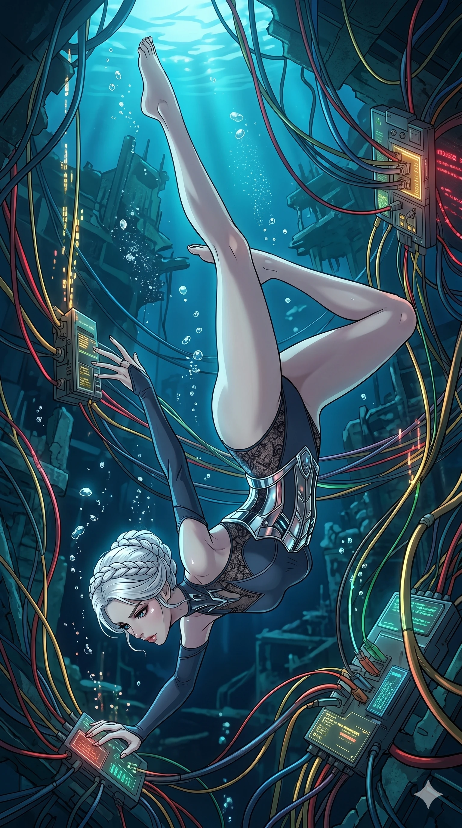 score_9, masterpiece, best quality, ultra-detailed, high-budget anime movie keyframe, cinematic anime lighting, intricate line art, Japanese anime girl. Mid-air action shot capturing a graceful twist and vertical silhouette. interfacing with a network of underwater cables in a diving suit. She has an absolutely perfect 8-heads proportion, an exceptionally tall and slender female figure with an ultra-slim waist and impossibly long slender legs. strictly human anatomy, two legs only, no extra limbs, clearly defined legs and arms, perfect anatomy, perfect hands and fingers. sharp v-shaped jawline, high-bridge nose, intricate jewel-like eyes, thick eyelashes, glossy lips. Wearing Cyber-Tech Legacy: Asymmetrical high-cut tech-bodysuit with detached sleeves and chrome-plated corset over sheer lace. The scene is illuminated by dramatic atmospheric lighting and vibrant color palettes. , 2k, ultra detail, master piece, 9:16 ratio