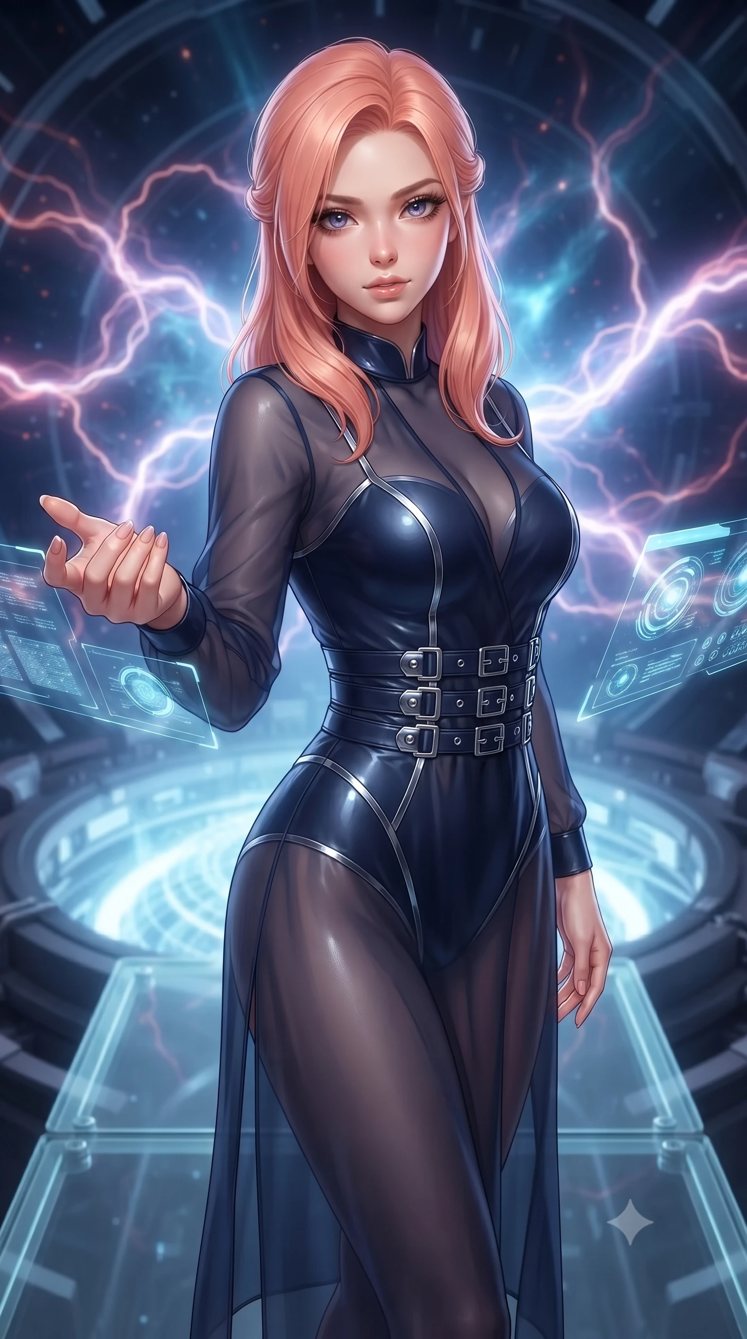 score_9, masterpiece, best quality, ultra-detailed, high-budget anime keyframe, editorial fashion photography, tasteful artistic composition, Japanese woman. close-up cowboy shot from the waist and thighs up, the character dominates the composition, filling the frame with her large presence, background elements kept in soft focus. Reaching one hand gracefully toward the viewer with effortless superiority and allure poised on a glass platform over a quantum particle accelerator core, glowing plasma arcs pulsating rhythmically in the background. She has an exceptionally elegant, slender, and willowy female figure with an ultra-slim waist, a gracefully sculpted slender torso, and a refined silhouette. sharp v-shaped jawline, high-bridge nose, intricate jewel-like eyes with depth, thick eyelashes, glossy lips with a natural sheen. wearing a semi-opaque sheer overlay dress over a leather micro-bodysuit in midnight navy blue and chrome trim, crafted from smooth liquid silk, detailed with polished silver buckles along the waistline, the tailored fabric tightly following every curve of her athletic build. illuminated by radiant cosmic nebula light and glowing holographic displays. ultra-reflective glossy finish, specular highlights, metallic sheen, high-contrast stereoscopic depth, volumetric dynamic lighting, 2k, ultra detail, master piece, 9:16 ratio