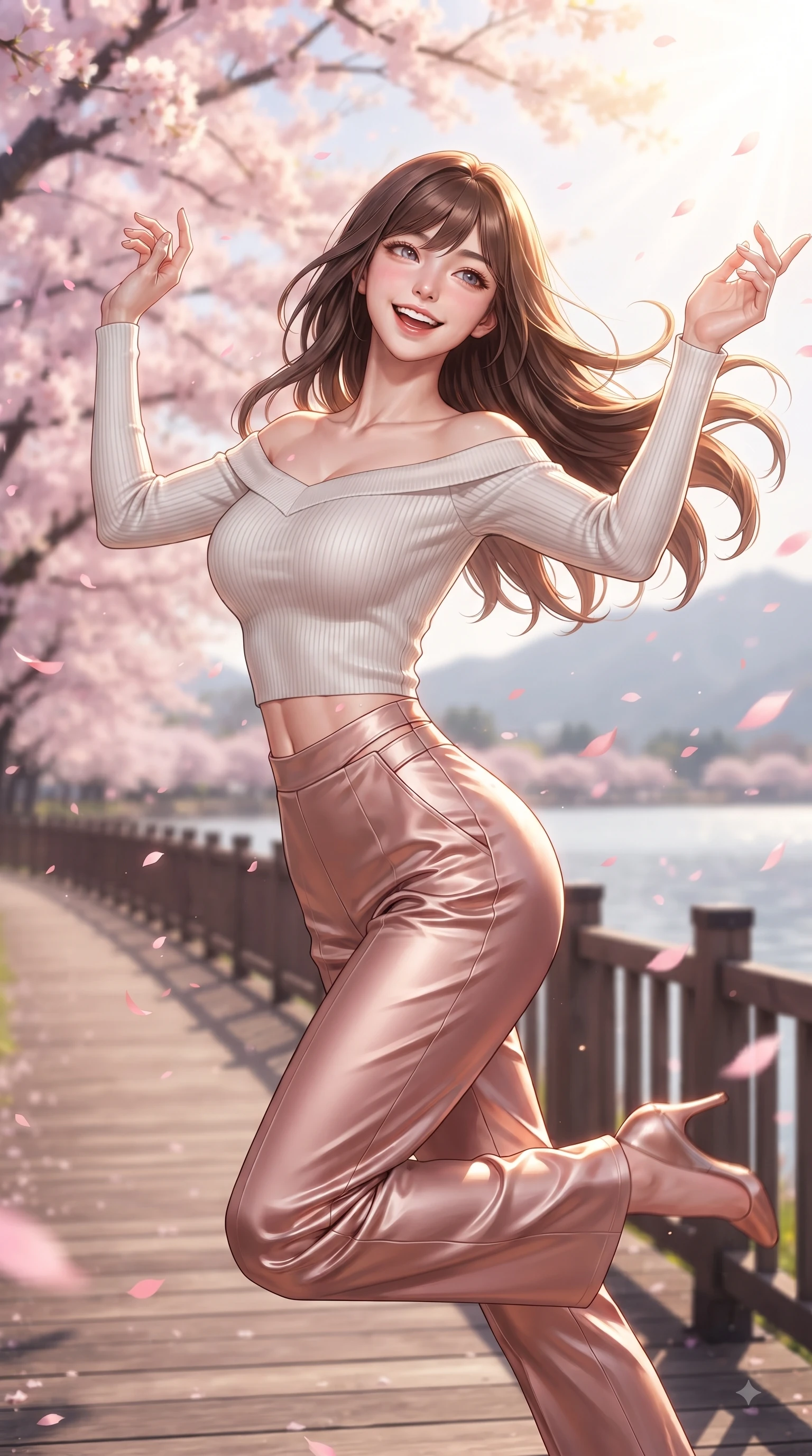 score_9, masterpiece, best quality, ultra-detailed, high-budget anime keyframe, editorial fashion photography, tasteful artistic composition, Korean woman. close-up cowboy shot from the waist and thighs up, the character dominates the composition, filling the frame with her large presence, background elements kept in soft focus. Extending one arm in an elegant stretch toward the sun while smiling with vibrant, magnetic self-assurance while leaping with a beaming happy smile along a wooden lakeside boardwalk lined with sakura trees, floating pink petals drifting around her in dynamic, cheerful wind currents. She has an exceptionally elegant, slender, and willowy female figure with an ultra-slim waist, a gracefully sculpted slender torso, and a refined silhouette. sharp v-shaped jawline, high-bridge nose, intricate jewel-like eyes with depth, thick eyelashes, glossy lips with a natural sheen, flawlessly proportioned anatomical accuracy, natural body alignment, perfectly sculpted elegant limbs, clean dynamic posture without body distortion. wearing a sleek off-shoulder ribbed knit top paired with high-waist tailored pants in pearl white and rose gold, crafted from lustrous satin jersey with fluid draping, featuring subtle geometric cutouts that highlight her ultra-slim midriff, the sleek second-skin texture accentuating her magnetic presence. bathed in bright morning sunbeams and warm golden sakura backlighting. ultra-reflective glossy finish, specular highlights, metallic sheen, high-contrast stereoscopic depth, volumetric dynamic lighting, 2k, ultra detail, master piece, 9:16 ratio