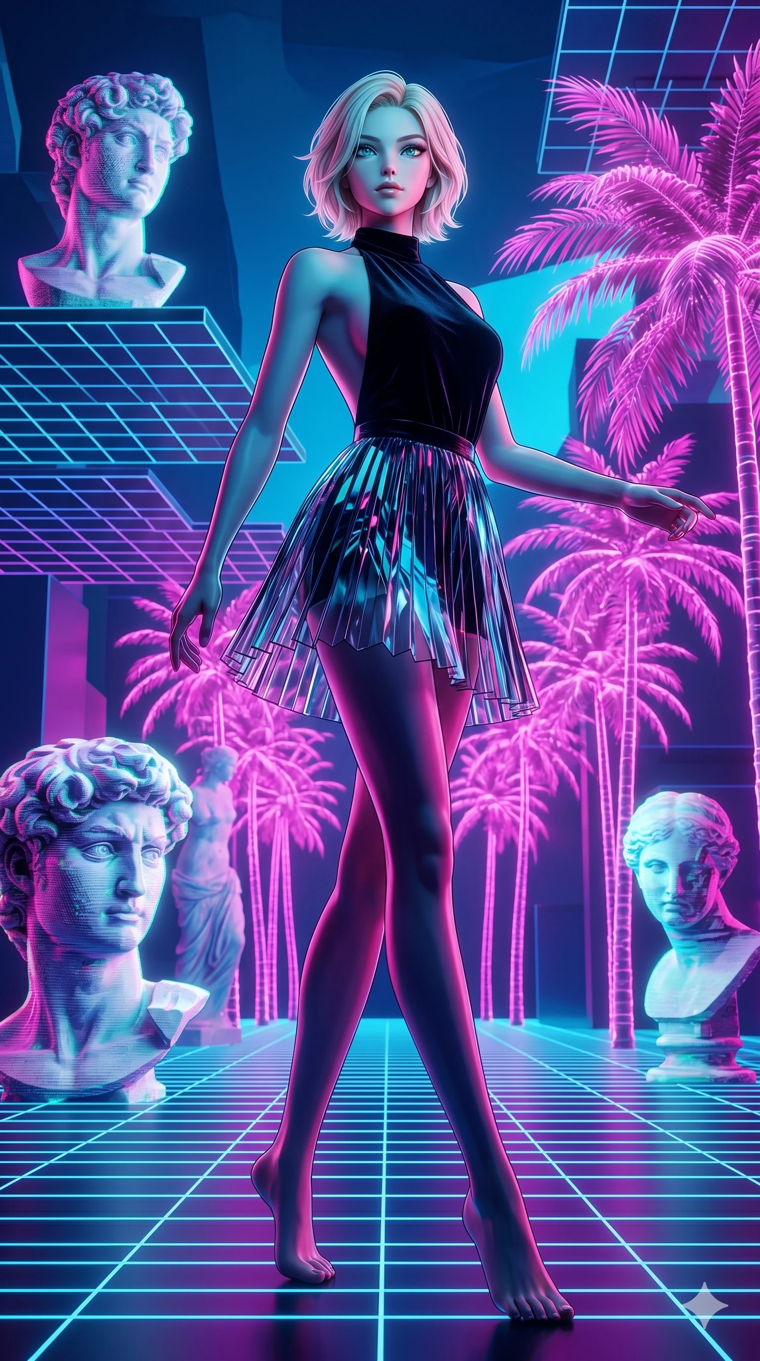 score_9, masterpiece, best quality, ultra-detailed, high-budget anime keyframe, Caucasian woman, strictly human ears. low angle full-body shot filling the entire 9:16 frame with her statuesque presence, stretching the vertical silhouette. drifting through a holographic vaporwave oasis with floating grid floors, lo-fi marble statues, and glowing pink palms. She has an absolutely perfect 8-heads proportion, an exceptionally tall and slender female figure with impossibly long slender legs and an ultra-slim waist. V-shaped jawline, high-bridge nose, intricate jewel-like eyes with depth, thick eyelashes, glossy lips with a natural sheen.. wearing a fractal glass pleated skirt and a backless black velvet halter neck top, creating a dramatic and elegant silhouette. accented by dynamic color-blocked lighting with high-contrast shadows emphasizing her statuesque height. 2k, ultra detail, master piece, 9:16 ratio