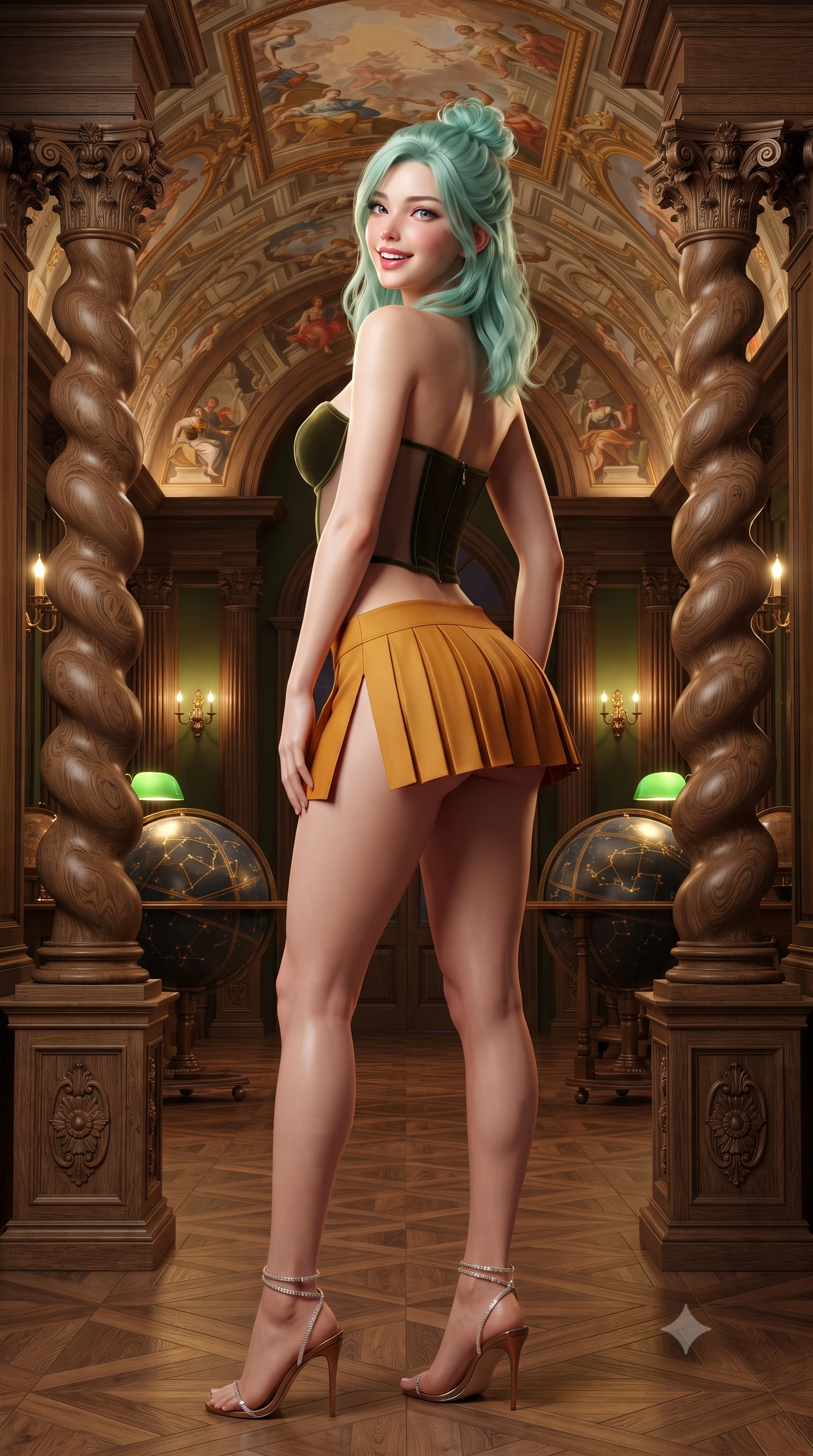 score_9, masterpiece, best quality, ultra-detailed, high-budget anime keyframe, editorial fashion photography, tasteful artistic composition, Japanese woman. close-up cowboy shot from the waist and thighs up, the character dominates the composition, filling the frame with her large presence. posing in an alluring rear three-quarter angle, looking over a bare shoulder with parted glossy lips, her hips cocked back to highlight her slim hourglass curve while standing poised between monumental spiral carved oak book pillars beneath soaring illusionistic Baroque ceiling frescoes, arching her lower back with aristocratic allure. The surrounding environment is rendered in vivid detail and crisp panoramic clarity: sharp hand-carved dark oak column spirals, gilded celestial globe constellation etchings, and antique parquet flooring in deep focus. She has an exceptionally elegant, slender, and willowy female figure with an ultra-slim waist, flat toned midriff, narrow ribcage, and sculpted feminine hips creating an alluring, slim hourglass silhouette without bulk. sharp v-shaped jawline, high-bridge nose, intricate jewel-like sparkling eyes with depth, thick eyelashes, glossy parted lips with a natural peach sheen, bright cheerful beaming smile with an enchanting and coquettish sensual glint, exuding both youthful cute charm and seductive allure, flawlessly proportioned anatomical accuracy, strict slender model proportions, natural body alignment, perfectly sculpted long slender limbs, ultra-slim waistline, clean dynamic posture without body distortion. wearing a structured Bohemian boned velvet bustier top paired with an ultra-short low-rise pleated micro mini skirt in Tuscan cypress dark olive and sunset amber gold, featuring strategic sheer-illusion tulle side panels framing her ribcage and hips, complemented by strappy stiletto sandals with crystal ankle wraps accentuating her slender calves, the high-slit wrap tailoring accentuating her ultra-slim waistline and the enchanting curve of her feminine hips with alluring seductive charm. bathed in the warm, cozy 2400K illumination of green banker lamps and brass wall sconces dimmed to an intimate evening study glow. ultra-reflective glossy finish, specular highlights, rich textural contrasts, high-contrast stereoscopic depth, volumetric dynamic lighting, 2k, ultra detail, master piece, 9:16 ratio