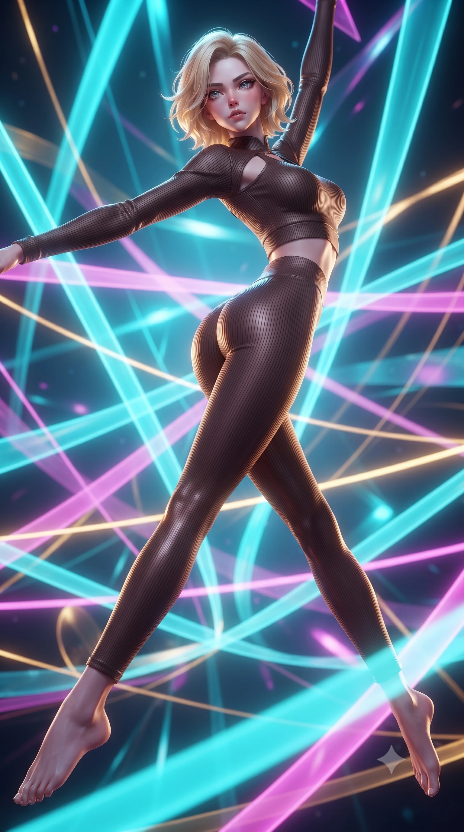 score_9, masterpiece, best quality, ultra-detailed, high-budget anime keyframe, editorial fashion photography, tasteful artistic composition, Caucasian woman. low angle full-body shot from head to toe showing her feet, filling the entire 9:16 vertical frame with her statuesque presence, stretching her vertical silhouette. leaping gracefully through the environment with statuesque elegance and long slender legs navigating a maze of glowing silk ribbons that pulse to a cosmic rhythm, fluorescent cyan, magenta, and gold light threads crossing in 3D space. She has an absolutely perfect, statuesque 8.5-heads proportion, an exceptionally tall and slender model-like female figure with impossibly long slender legs and an ultra-slim waist. sharp v-shaped jawline, high-bridge nose, intricate jewel-like eyes with depth, thick eyelashes, glossy lips with a natural sheen. wearing a form-fitting ribbed activewear set in espresso brown with elegant collar cutouts, the form-contouring material highlighting her ultra-slim waist and long lines. illuminated by the brilliant glow of cyan and gold luminescent threads. ultra-reflective glossy finish, specular highlights, metallic sheen, high-contrast stereoscopic depth, volumetric dynamic lighting, 2k, ultra detail, master piece, 9:16 ratio