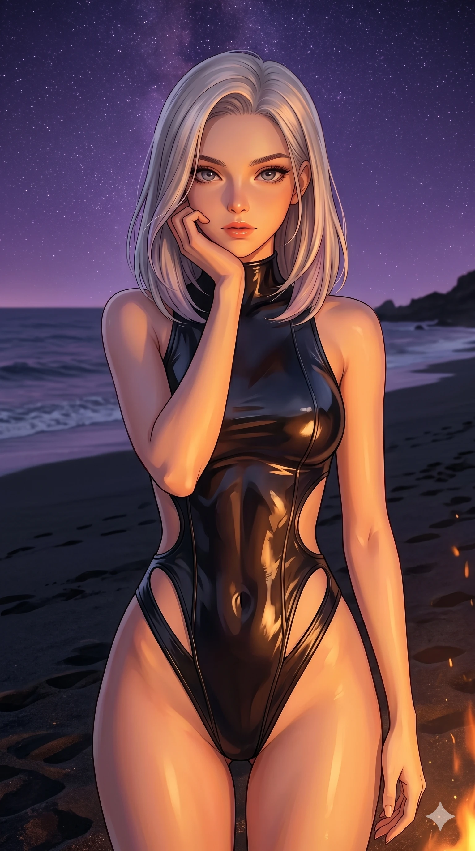 score_9, masterpiece, best quality, ultra-detailed, high-budget anime keyframe, editorial fashion photography, tasteful artistic composition, Caucasian woman, strictly human ears. cowboy shot from the thighs up, character and outfit filling the frame for maximum editorial presence. resting her chin on her hand, looking directly at the camera on a secluded black volcanic beach under a sky of violet starlight (Code-P18-110). She has an absolutely perfect 8-heads proportion, an exceptionally tall and slender female figure with impossibly long slender legs and an ultra-slim waist. V-shaped jawline, high-bridge nose, intricate jewel-like eyes with depth, thick eyelashes, glossy lips with a natural sheen. wearing a wet-look bodysuit with high-cut lines and side cutouts. warm amber firelight casting dancing shadows and a soft golden glow over her features. 2k, ultra detail, master piece, 9:16 ratio