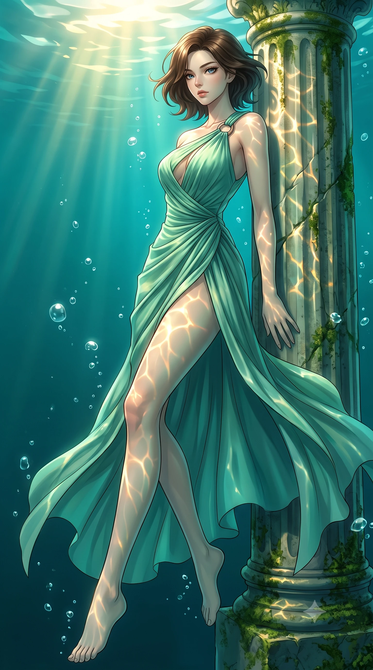 score_9, masterpiece, best quality, ultra-detailed, high-budget anime keyframe, editorial fashion photography, tasteful artistic composition, Korean woman. low angle full-body shot from head to toe showing her feet, filling the entire 9:16 vertical frame with her statuesque presence, stretching her vertical silhouette. navigating the luminous space with effortless poise, displaying her perfect model proportions resting against an antique marble pillar as gentle sea bubbles rise around her, golden sunbeams penetrating deep turquoise water creating caustic light patterns. She has an absolutely perfect, statuesque 8.5-heads proportion, an exceptionally tall and slender model-like female figure with impossibly long slender legs and an ultra-slim waist. sharp v-shaped jawline, high-bridge nose, intricate jewel-like eyes with depth, thick eyelashes, glossy lips with a natural sheen. wearing an elegant Grecian draped chiffon gown with an asymmetrical shoulder strap and ring detail, the elegant draped fit framing her graceful clavicle and slender torso. bathed in brilliant underwater sunbeams and soft turquoise caustic glow. highly saturated vibrant anime colors, detailed shading with soft gradients, rich glossy textures, high-contrast stereoscopic depth, volumetric dynamic lighting, master piece, 9:16 ratio